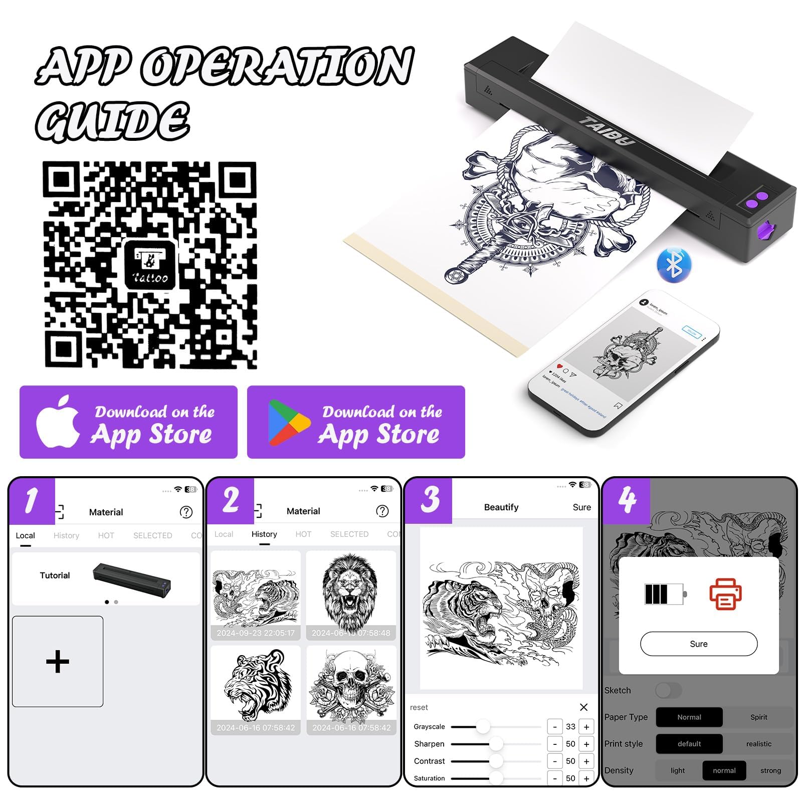 P19 Upgate Wireless Tattoo Thermal Printer Kit with 20 Sheets Tattoo Transfer Paper - Compatible with iPhone & Android Phones for Professional Tattoo Artists & Beginners - Perfect for Tattoo Studio, Home Practice & Temporary Tattoo Designs