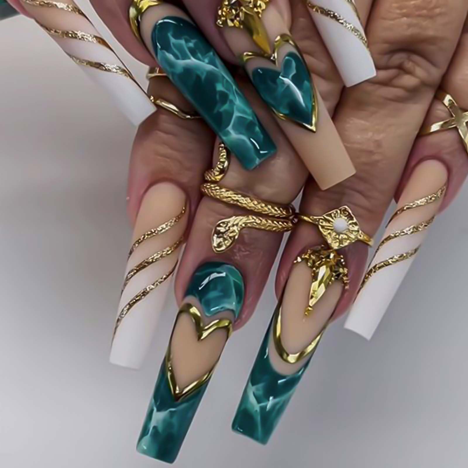 XL Green Press On Nails Extra Long Coffin Fake Nails - 24pcs Full Cover Acrylic Gel Nails with Golden Love Texture Design & Nail Glue - Perfect for Women's Parties, Weddings, and Special Occasions