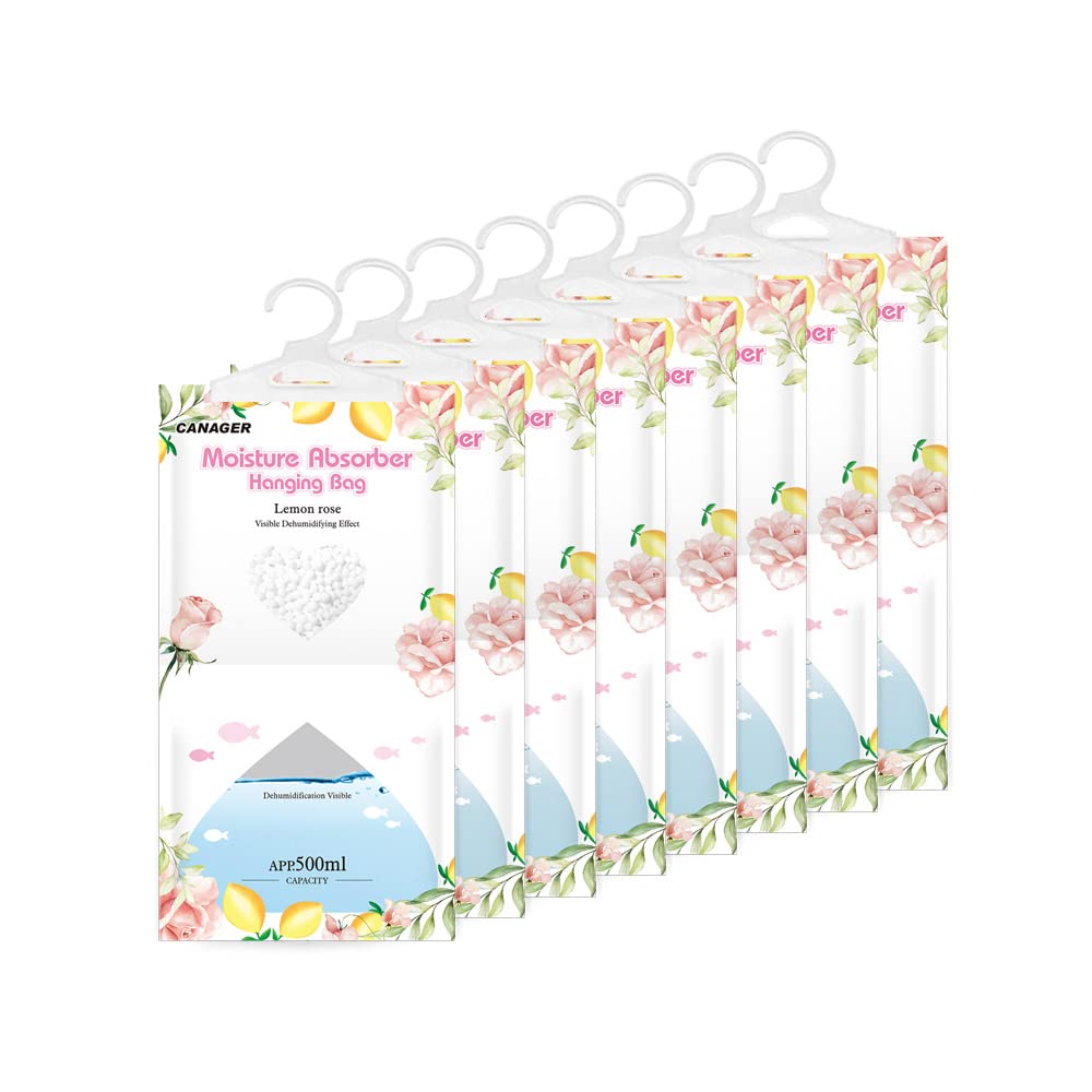CANAGER Hanging Moisture Absorber - 8 Pack Lemon Rose Scented Dehumidifier Bags (12.5 oz) for Closet, Wardrobe & Storage Areas | Eliminates Dampness & Musty Odors | Perfect for Homes, RVs, Basements & Laundry Rooms