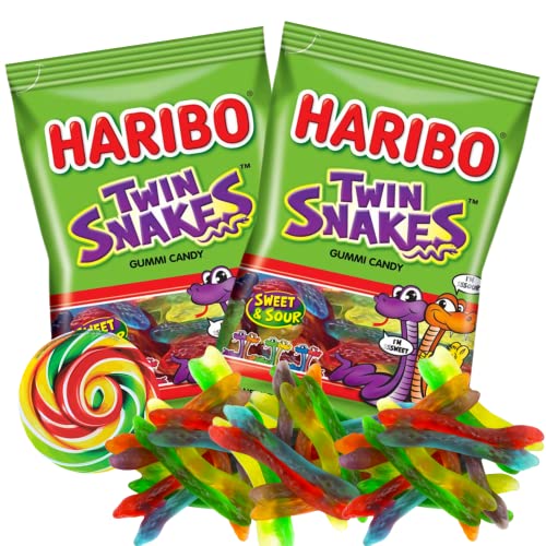 Haribo Gummi Candy Twin Snakes - Sweet & Sour Chewy Fruit Gummies - 8oz Pack of 2 - Perfect for Snacks, Ice Cream Toppings & Party Favors