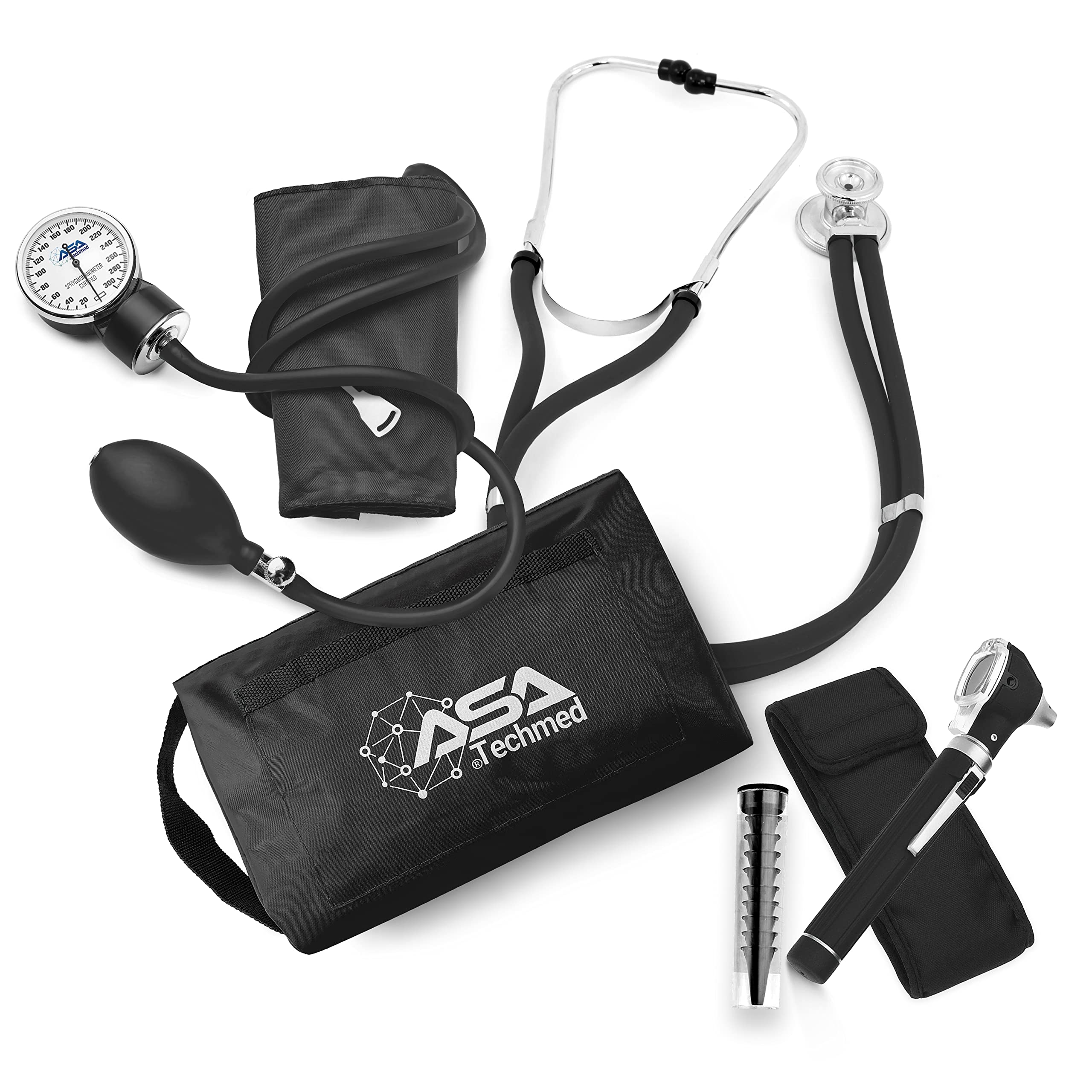 ASA TECHMED Professional Nurse Essentials Kit with Travel Case - Adult Aneroid Blood Pressure Monitor, Stethoscope & Diagnostic Otoscope (Black) | Ideal for Home Healthcare, Clinical Use & Medical Students