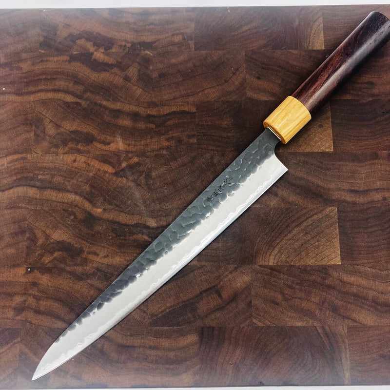 Tsunehisa Aogami Super Stainless Clad 240mm Sujihiki Slicing Knife - Kurouchi Tsuchime Finish with Rosewood Wa Handle - Perfect for Sushi, Sashimi & Meat Carving