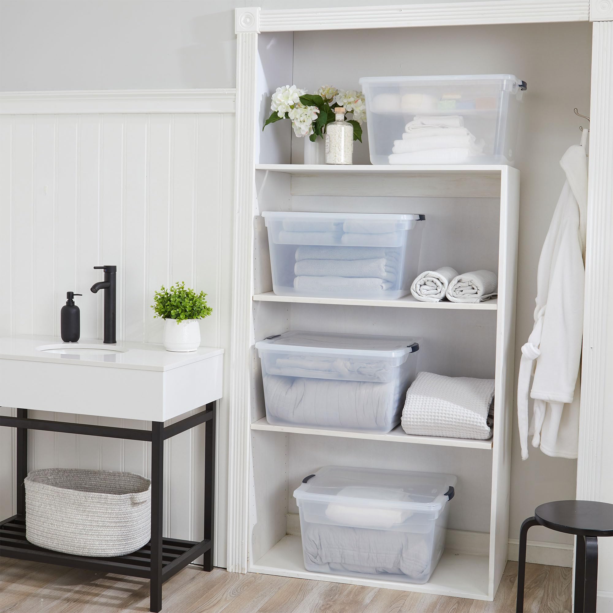 Rubbermaid Cleverstore 74 Qt Clear Plastic Storage Bins with Secure Latching Lids & Nesting Trays - 4-Pack Stackable Organizer Containers, BPA-Free, Made in USA - Perfect for Home, Office, Garage & Closet Organization