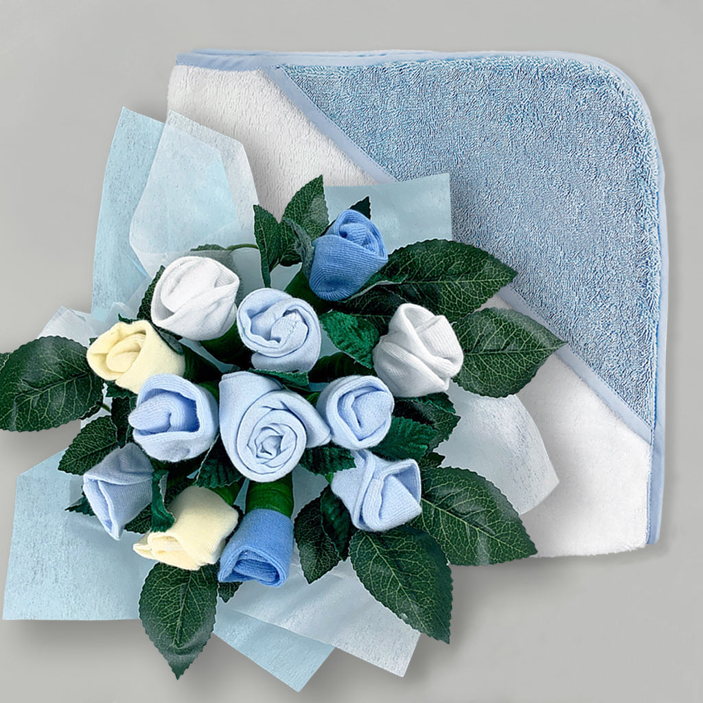 Soft Hooded Baby Towel Set - Welcome Baby Clothes & Posy Blue Cotton Newborn Gift - Perfect for Showers, Baptisms & First Photos