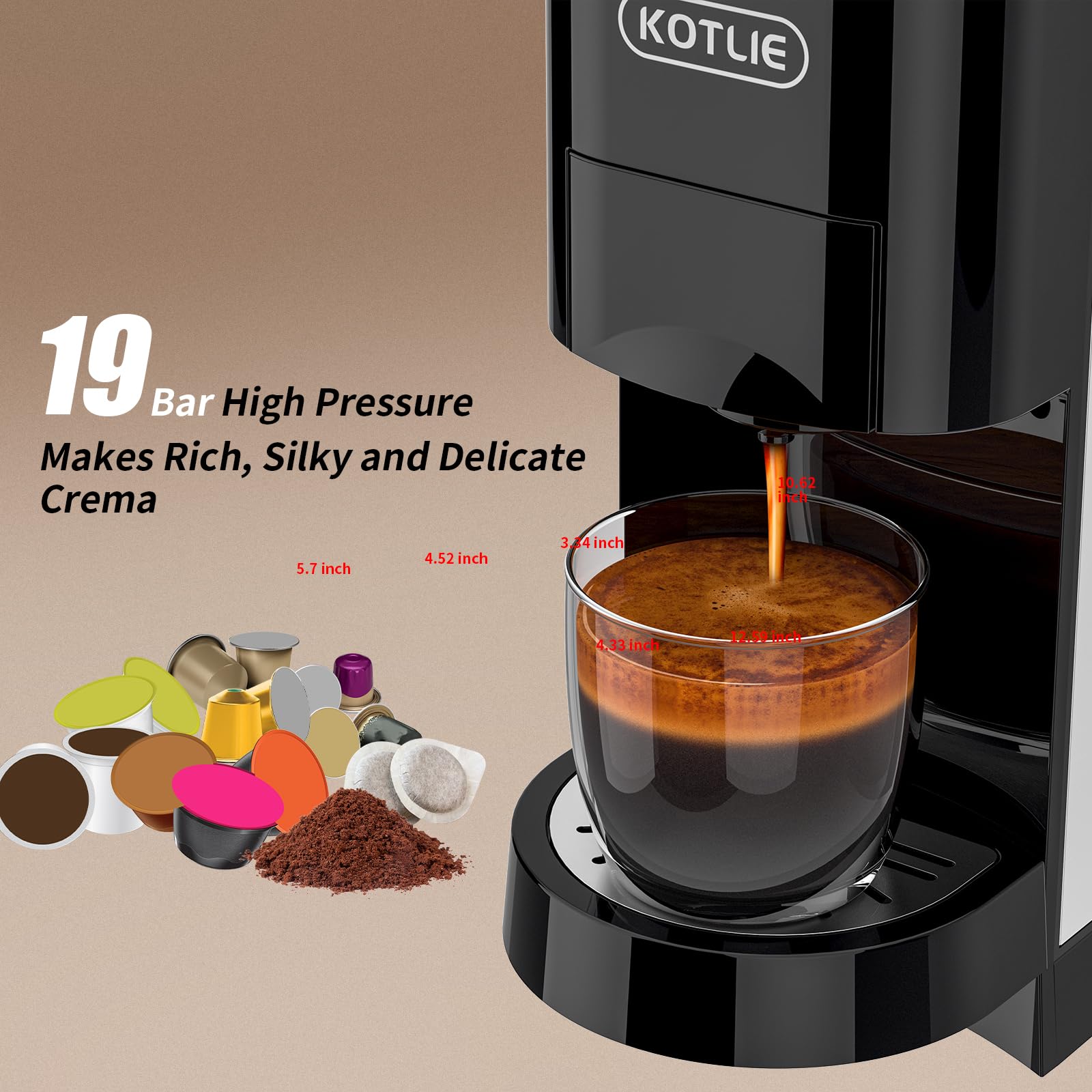 KOTLIE 19Bar Single Serve Coffee Maker - 5-in-1 Espresso Machine Compatible with Keurig K-Cups, Nespresso Original, Dolce Gusto, Ground Coffee & 44mm ESE Pods - 7 Water Levels - Hot & Cold Brew Coffee Machine for Home, Office or Dorm Use