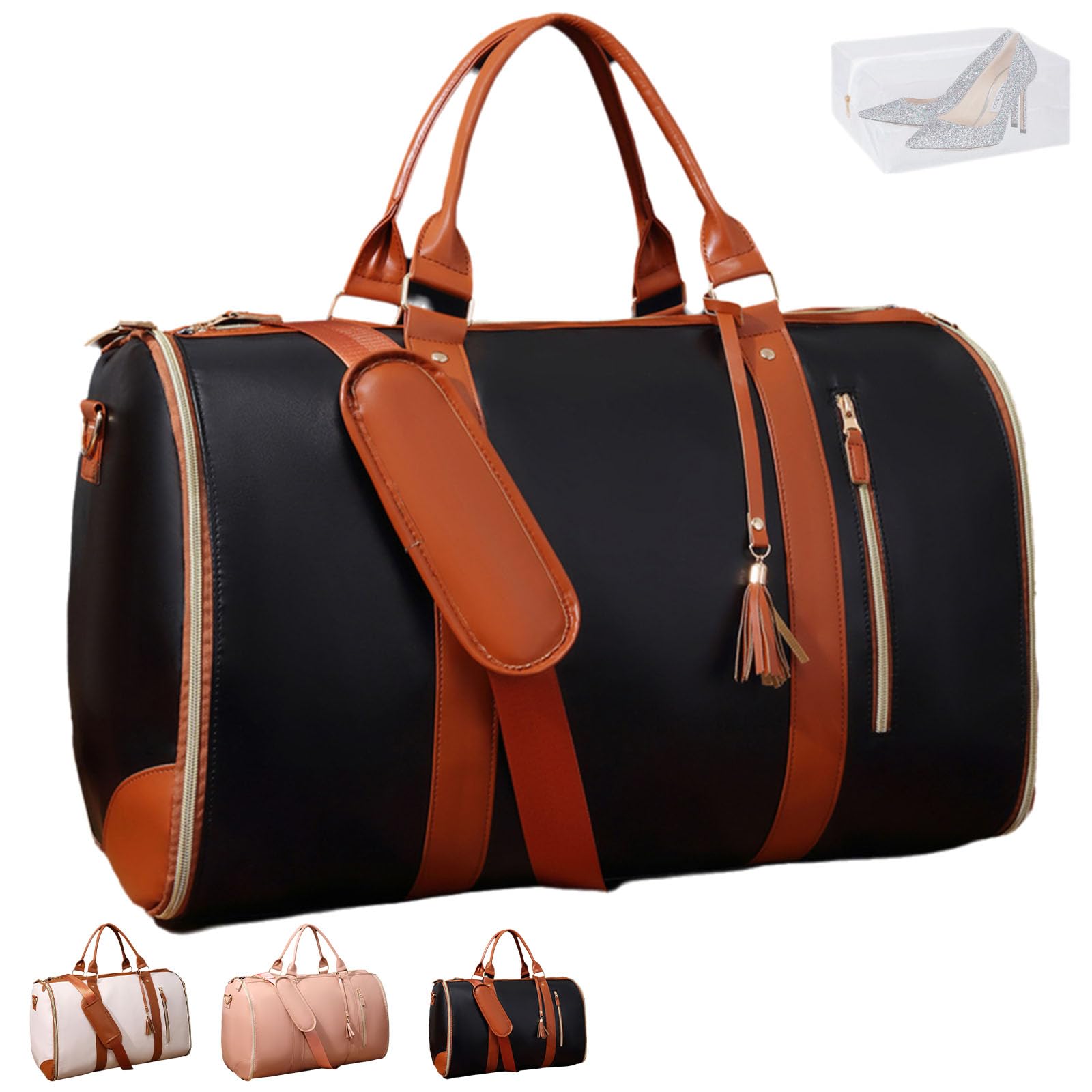 Premium Leather Travel Garment Bag for Women with Shoe Pouch - Luxe Mega Carry-On Bag for Business Trips & Vacations (Black Brown) | Ideal for Air Travel, Weekend Getaways & Formal Events
