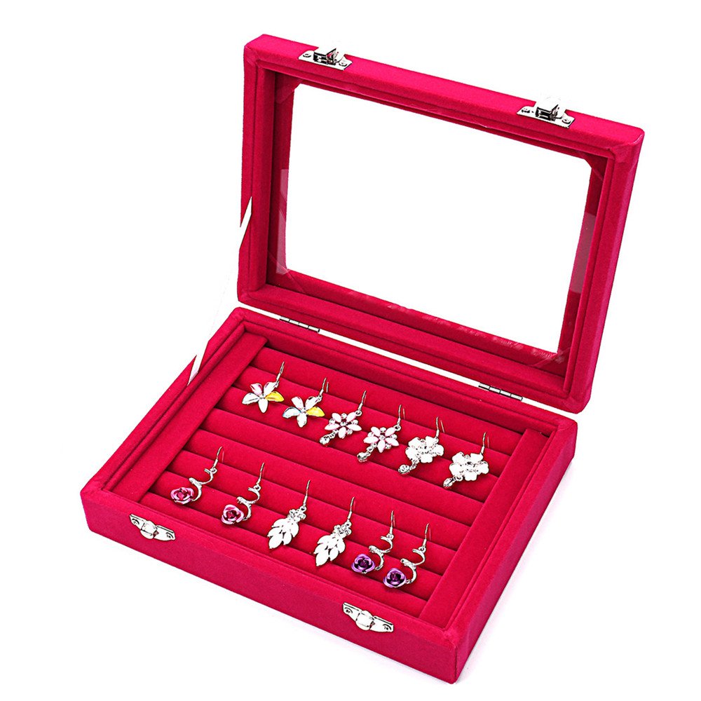 Velvet Jewelry Box for Rings & Earrings - Glass Top Display Case with 2 Clasps - Perfect for Jewelry Storage, Organization & Gift Giving
