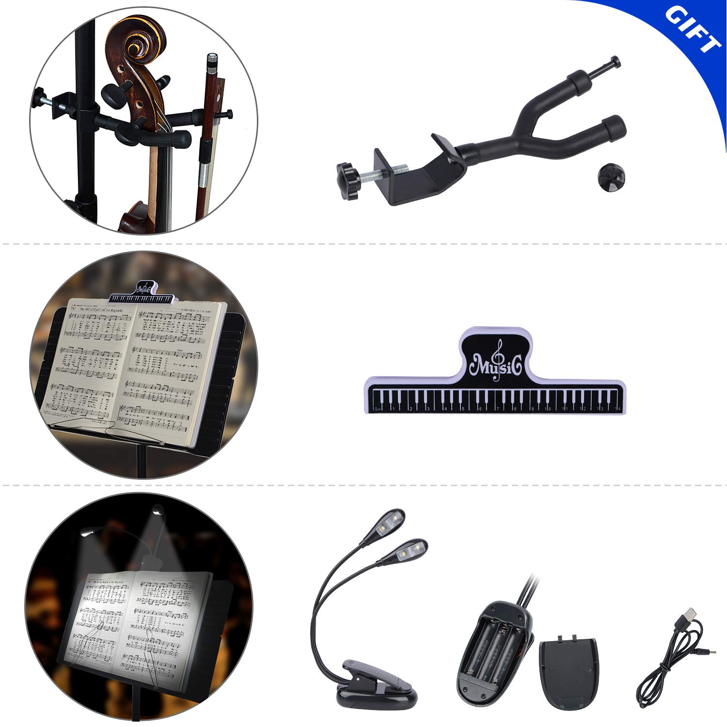 Premium Klvied Portable Folding Music Stand with Violin Hanger - Lightweight Black Sheet Music Stand with Carrying Bag | Perfect for Violin Practice, Orchestra Rehearsals & Home Music Studios