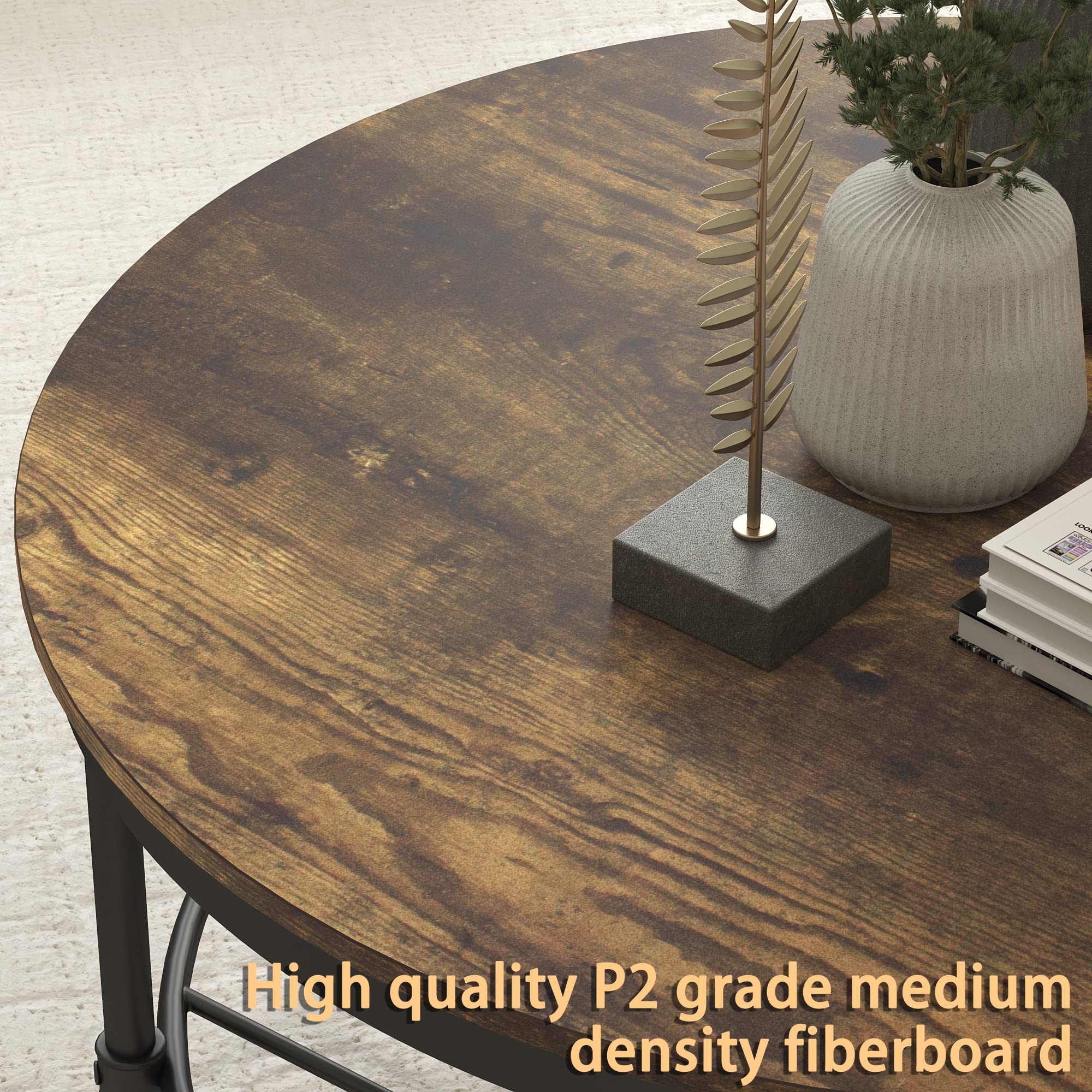 2-Tier Round Coffee Table with Wooden Top & Metal Frame - Industrial Rustic Living Room Accent Table with Storage Shelf - Retro Brown Finish for Home Decor & Small Space Organization