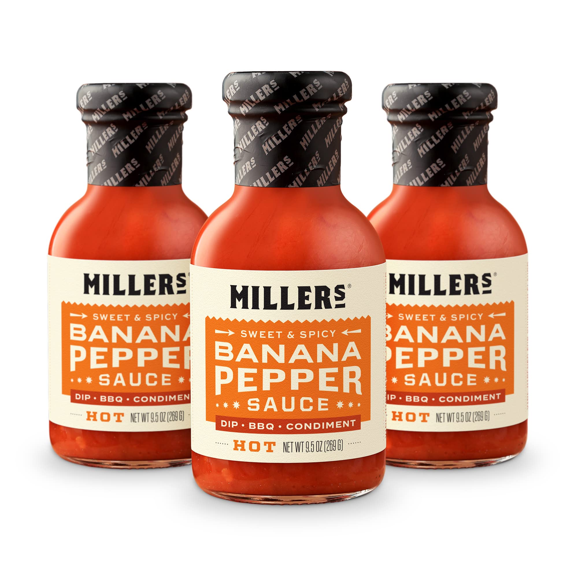 Miller's Banana Pepper Hot Sauce - Sweet & Spicy Red Banana Pepper Sauce for Chicken Wings, Burgers & Sandwiches | Non-GMO Project Verified | 9.5oz (3-Pack) | Perfect for BBQ, Grilling & Game Day Snacks