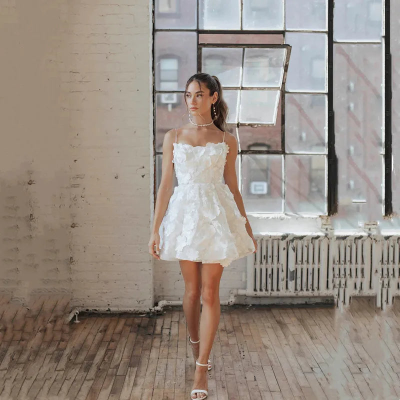 Modern Satin Short Wedding Dress Strapless Spaghetti Strap Mini Gown - Elegant Bridal Party Dress for Beach Weddings, Vow Renewals & Romantic Getaways