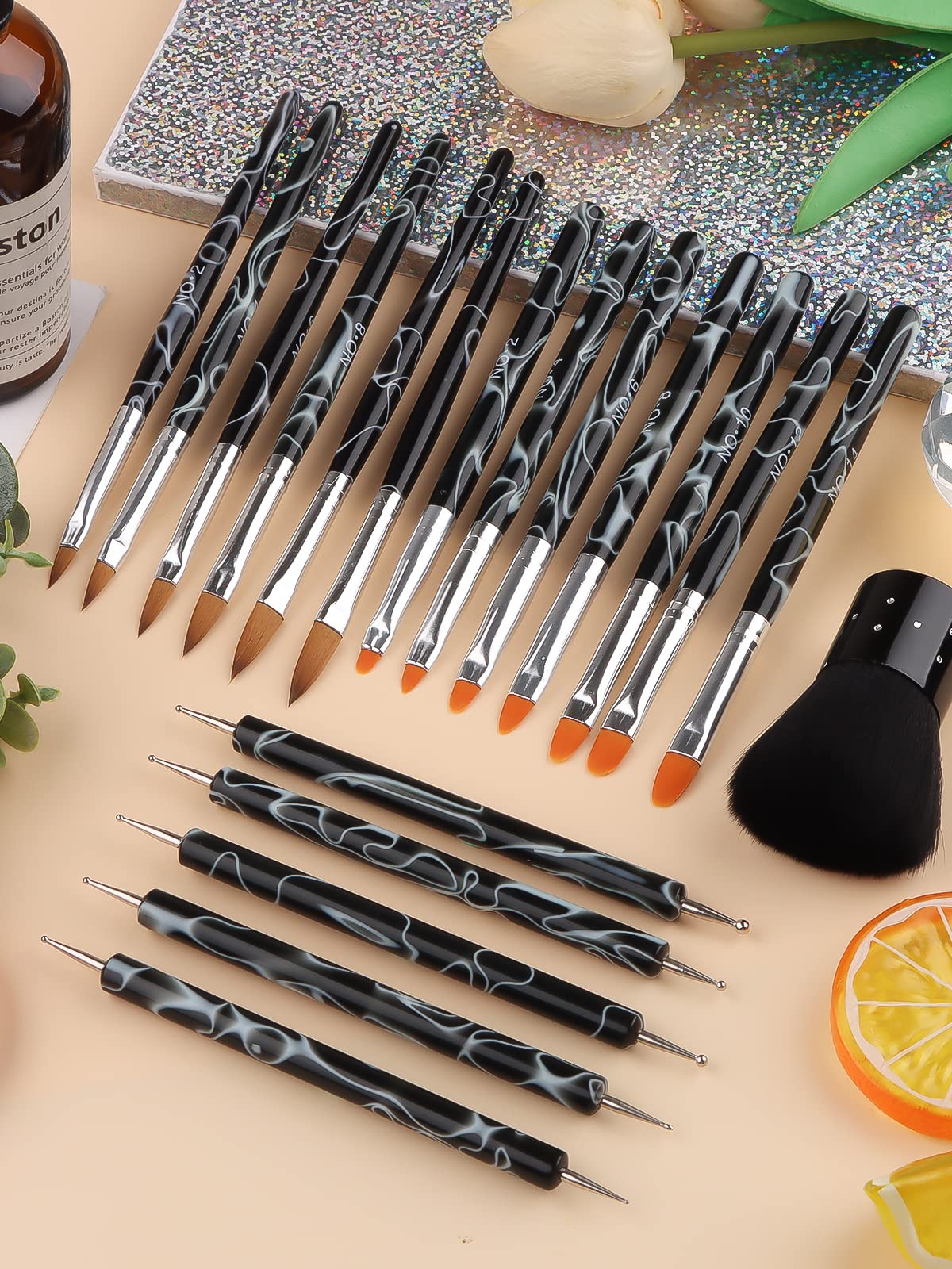 19Pcs Acrylic Nail Brush Set for Professional Nail Art - Includes 7 Gel Polish Brushes, 6 Design Brushes & 5 Dotting Pens - Perfect for Salon, Home Manicures & Nail Art Designs