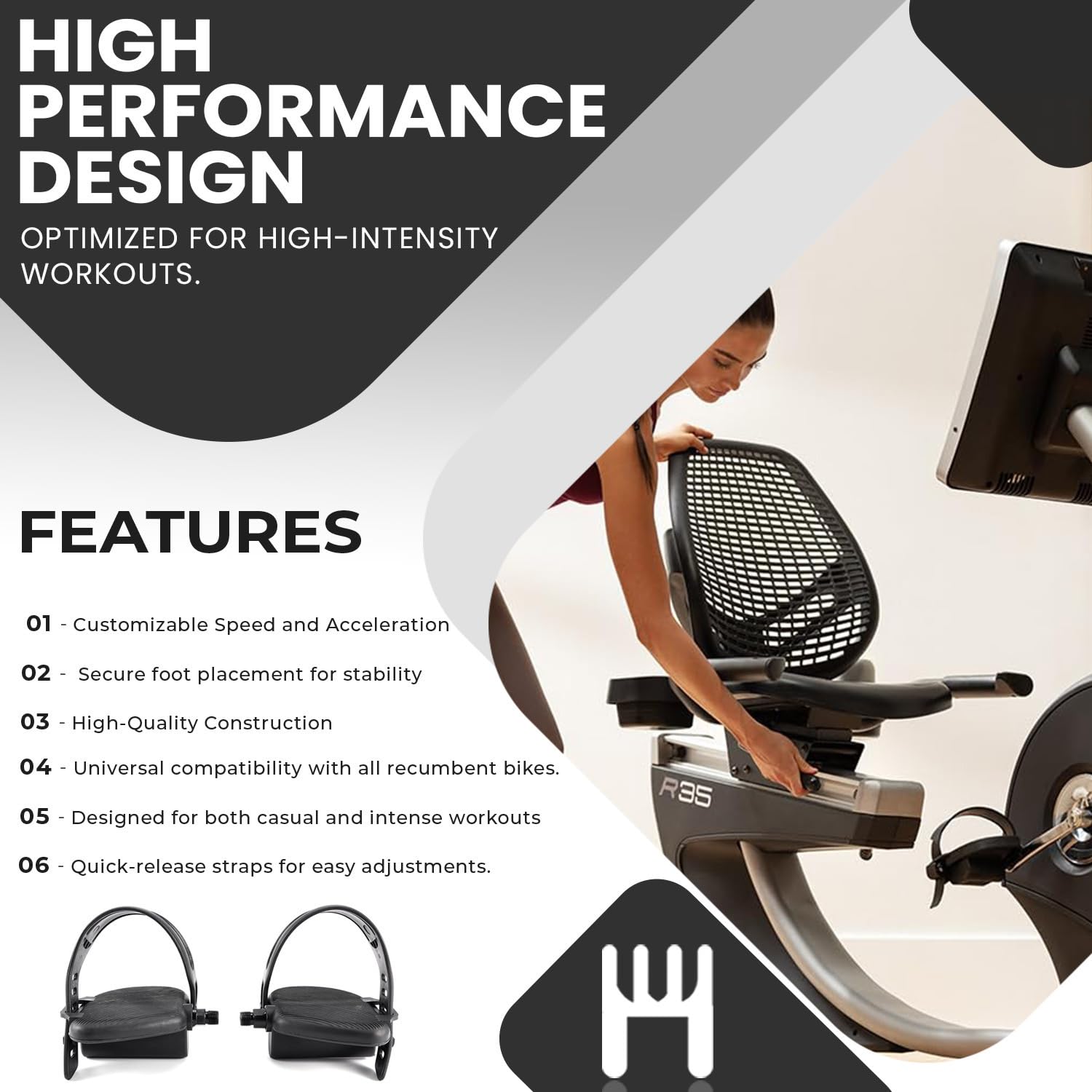 Left & Right Foot Pedal Pair Set with Adjustable Strap - Compatible with R6-PS Circle Fitness Recumbent Bike - Perfect for Home Gym, Physical Therapy & Cardio Workouts