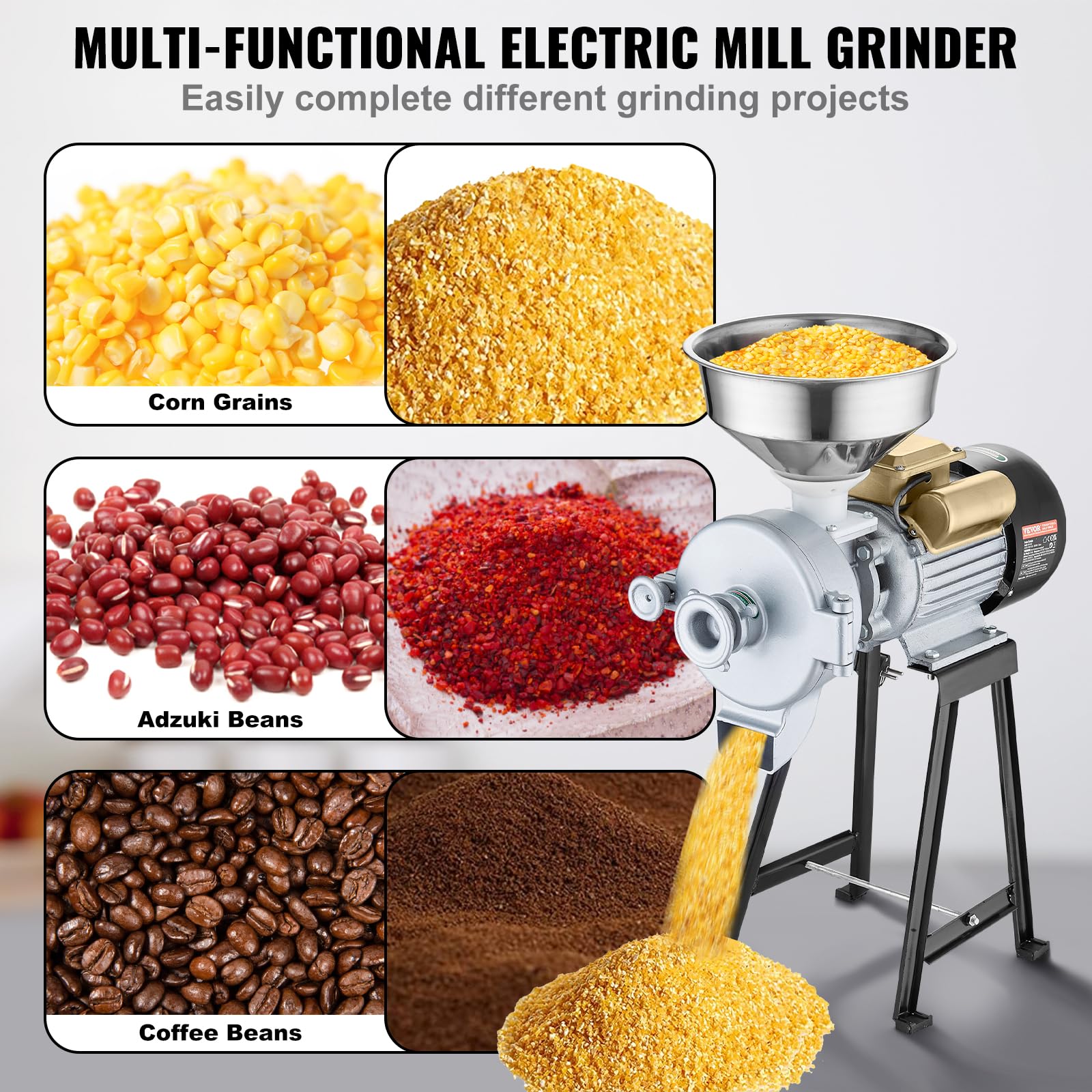 VEVOR 3000W Commercial Electric Grain Mill Grinder - Adjustable Corn Wheat Spice Grinder for Flour, Cereal & Feed - Heavy Duty Dry & Wet Powder Machine with Funnel - Perfect for Bakeries, Restaurants & Home Kitchens