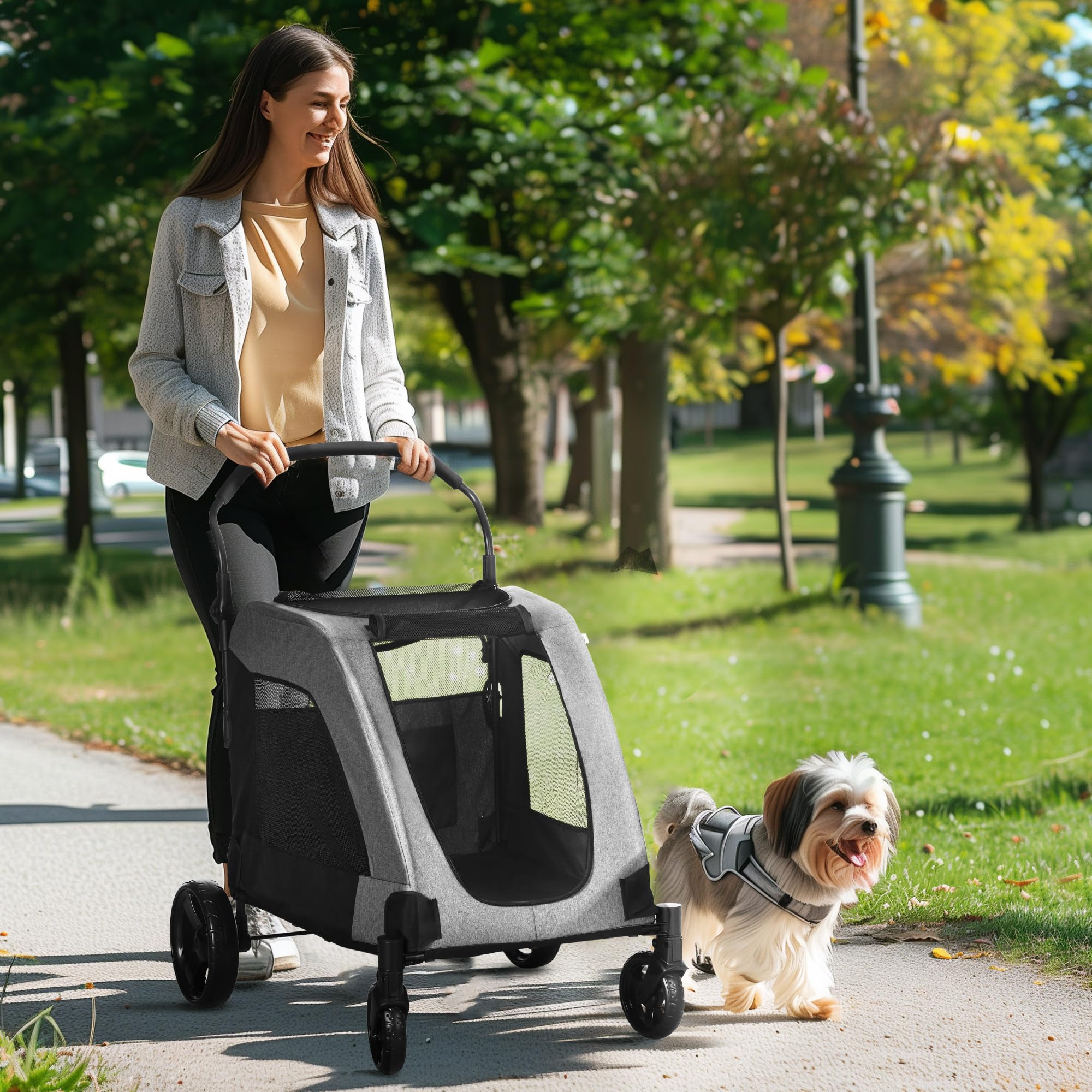 PawHut 4-Wheel Folding Dog Stroller for Medium & Large Dogs - Universal Wheels, Storage Basket & Safety Leash - Gray Pet Carrier for Walking, Shopping & Outdoor Adventures