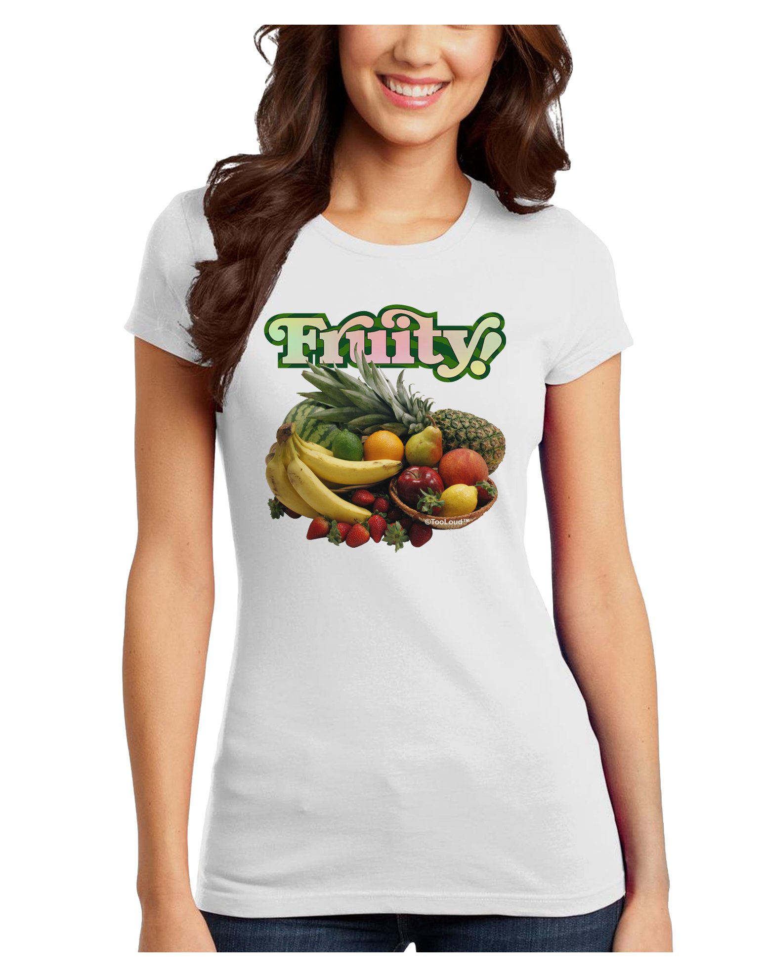 TOOLOUD Fruity Fruit Basket Graphic Juniors T-Shirt | Cute Summer Casual Tee for Girls | Perfect for Beach Outings & School Activities