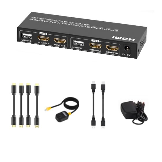 2x2 Dual Monitor KVM Switch - 2 in 2 Out HDMI with 3 USB 2.0 Ports & USB 3.0 Support - Monitor Sharing Switcher for Dual PC Setup - Perfect for Home Office, Gaming & Multi-Device Workstations