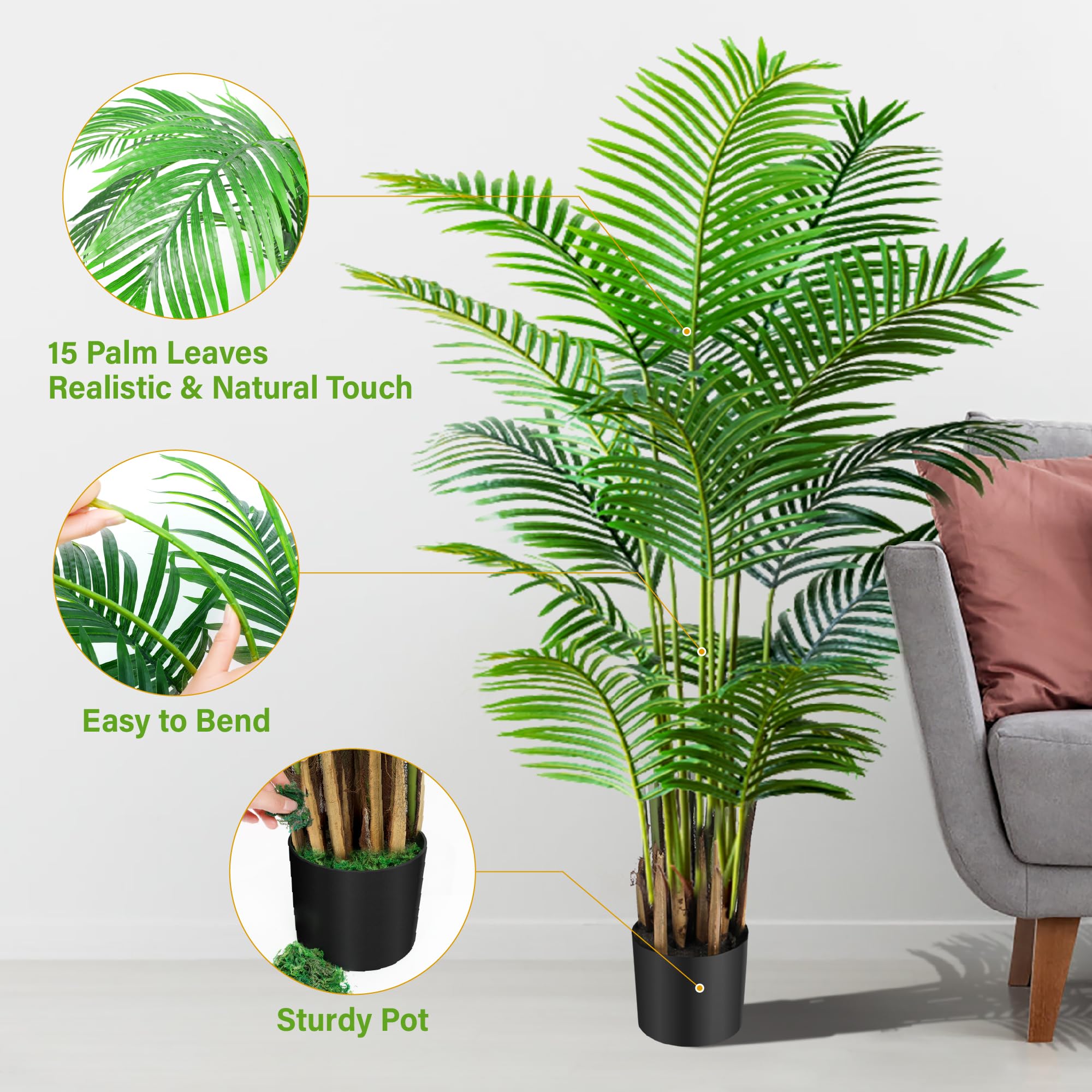 6ft Artificial Areca Palm Plant in Pot - 2 Pack Fake Tropical Cane Palm Silk Tree for Indoor & Outdoor Decor | 70in Lifelike Faux Dypsis Lutescens Plants | Perfect for Home, Garden, Office & Housewarming Gifts