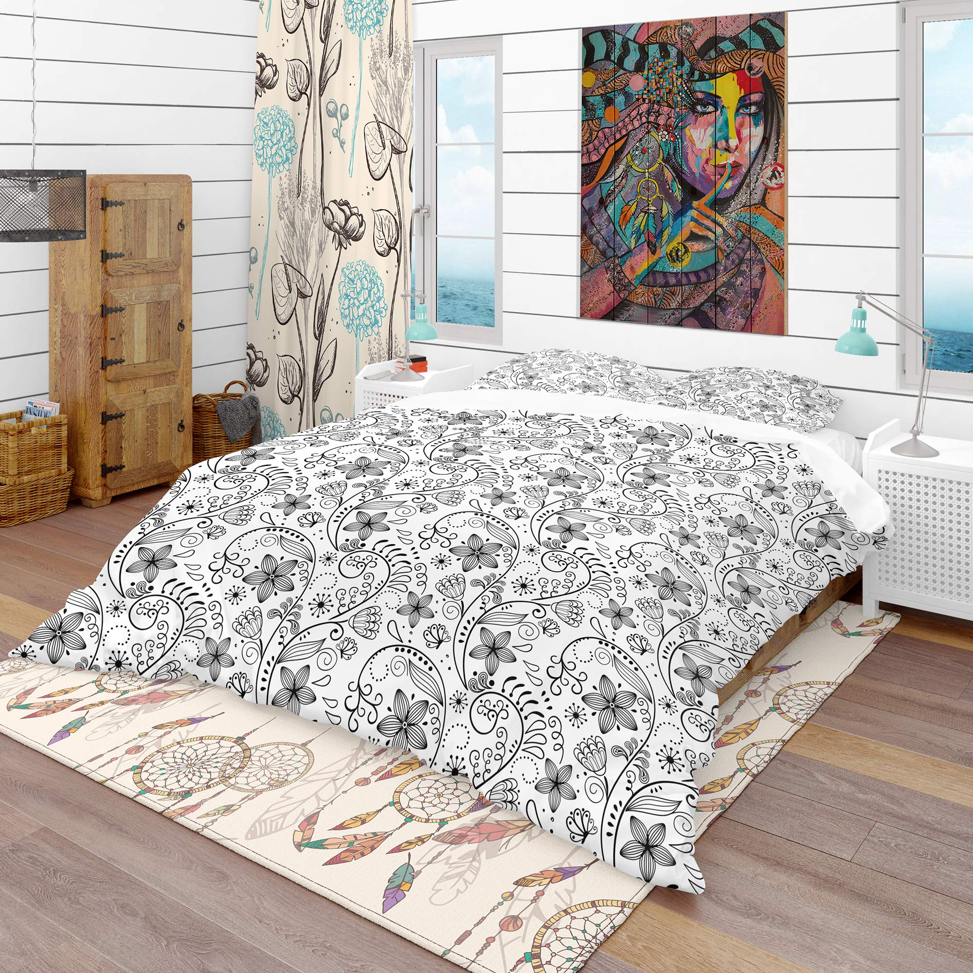 Bohemian Floral Duvet Cover Set Queen Size - 3 Piece White Textured Flower Design Bedding for All Seasons | Perfect for Eclectic, Boho Chic & Modern Bedroom Decor