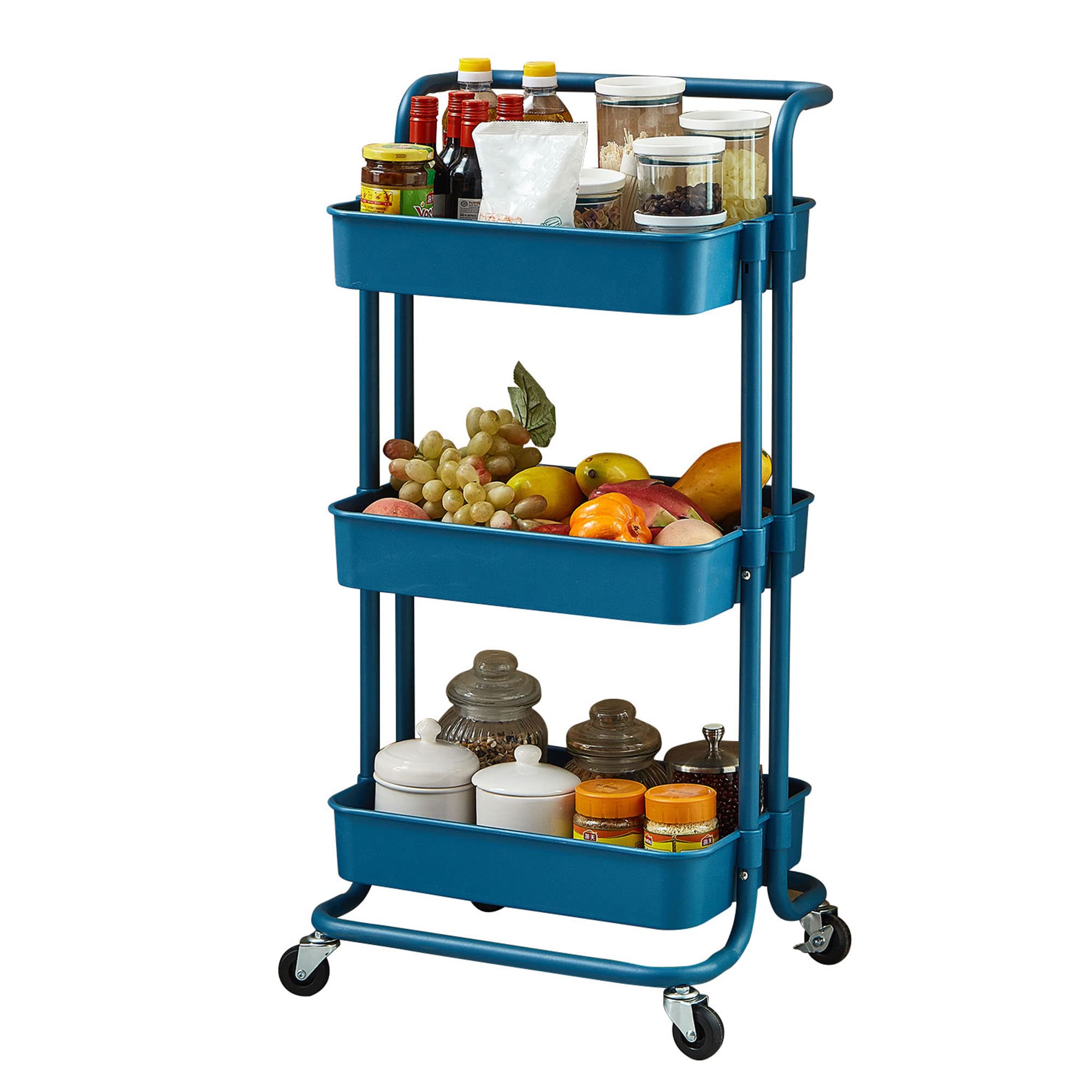 3-Tier Rolling Storage Cart - Mobile Kitchen Organizer with Handles (Dark Blue) for Home & Office Use