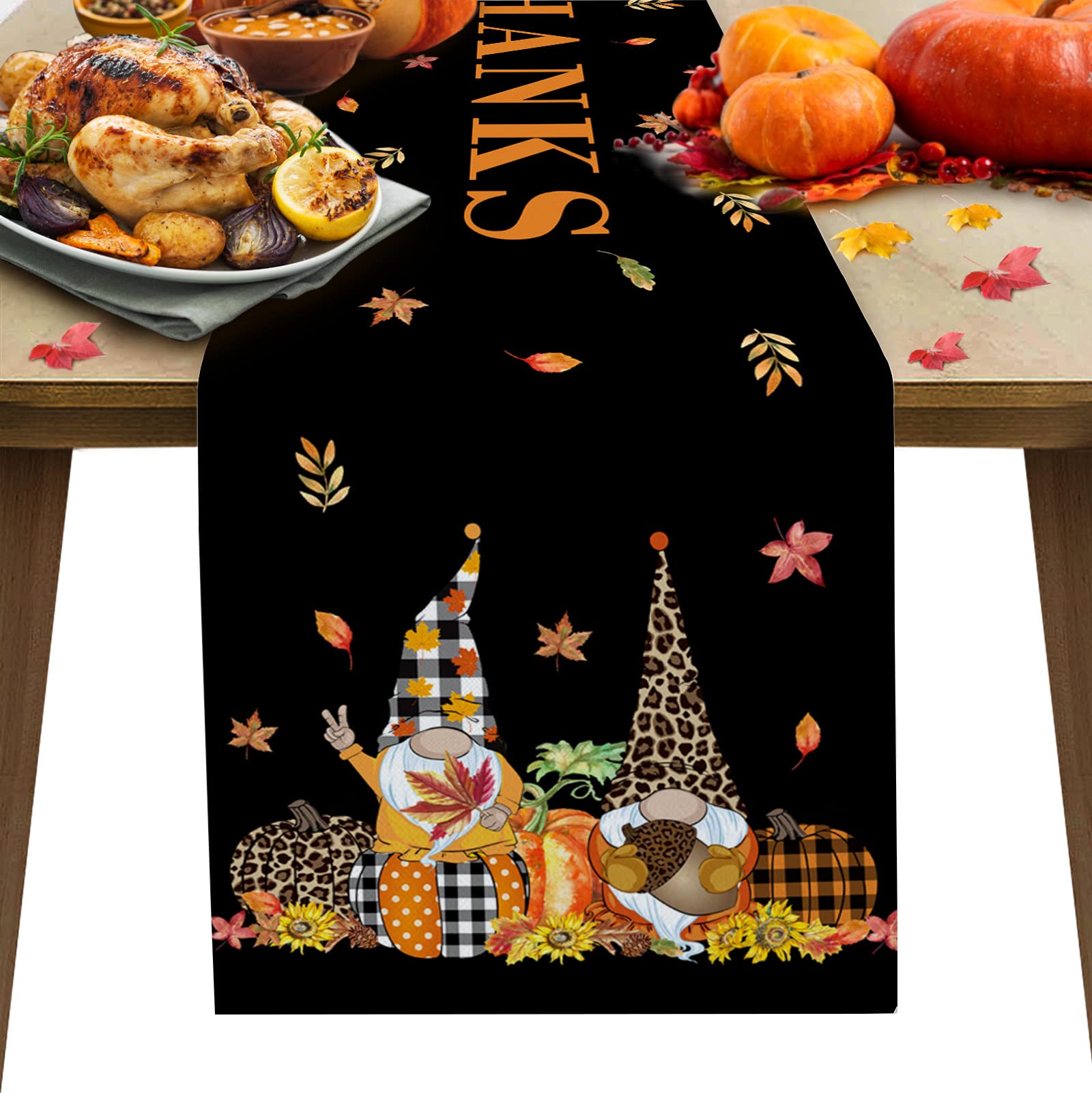 18x72 Inch Farmhouse Cotton Linen Table Runner - Holiday Dining Table Decor for Thanksgiving, Fall, Wedding & Party - Pumpkin Maple Leaves Gnome Design - Perfect for Seasonal Home Decor, Buffet Dresser & Dining Table Settings