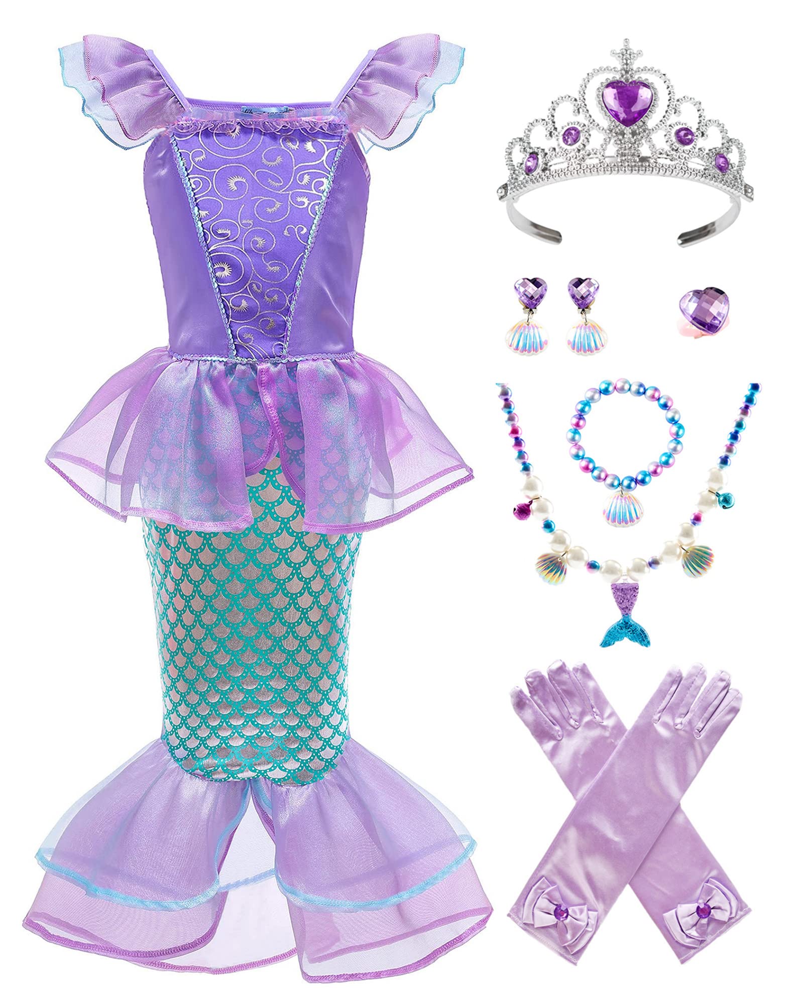 Mermaid Costume for Girls - Sparkly Halloween Princess Dress with Accessories Set | Perfect for Halloween Parties, Dress-Up Play & Underwater Themed Events