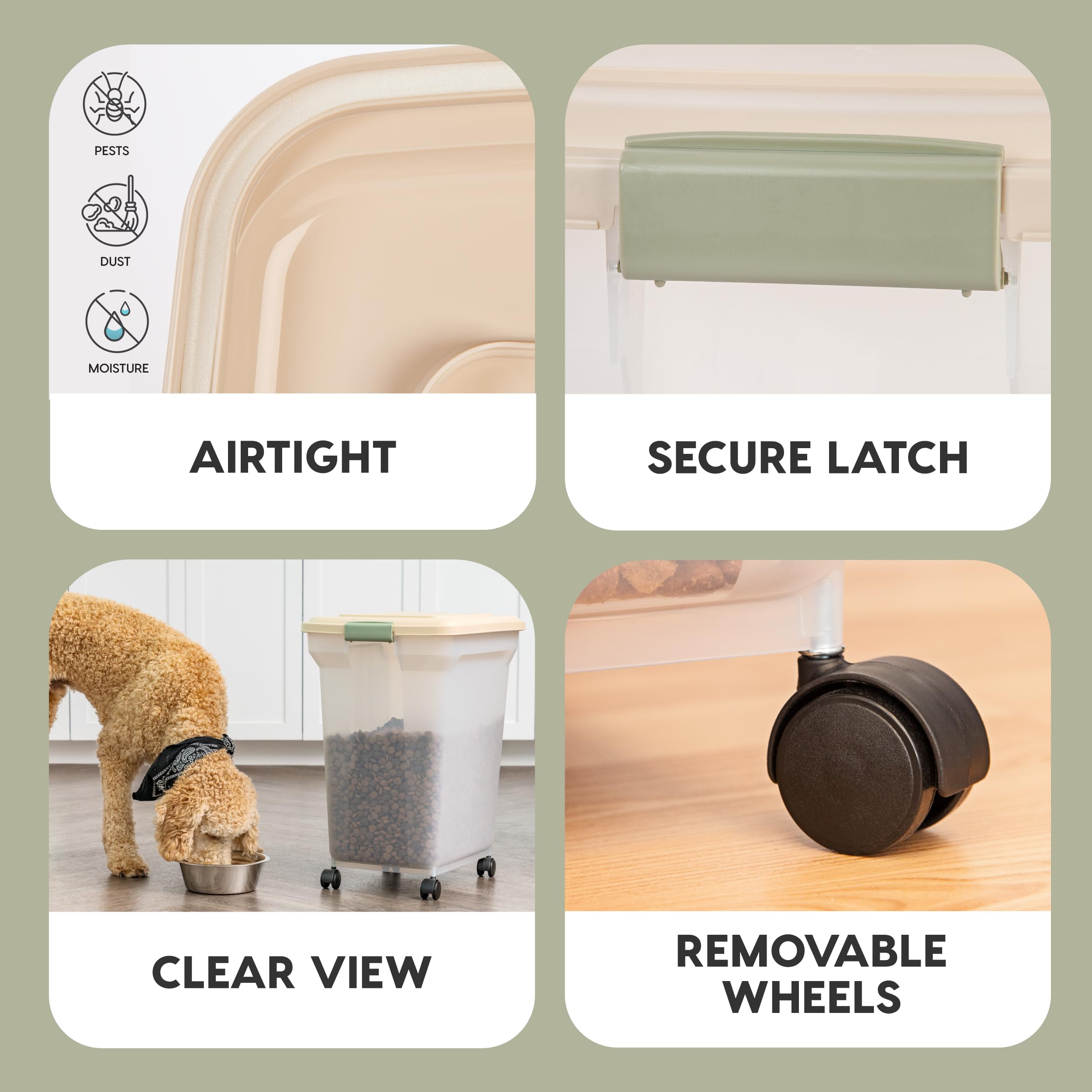 IRIS USA WeatherPro Airtight Pet Food Storage Container - 58 lbs Capacity with Wheels for Easy Mobility | Translucent Design in Clear/Almond | Keep Dog, Cat & Bird Food Fresh | Ideal for Home, Garage or Pet Store Storage