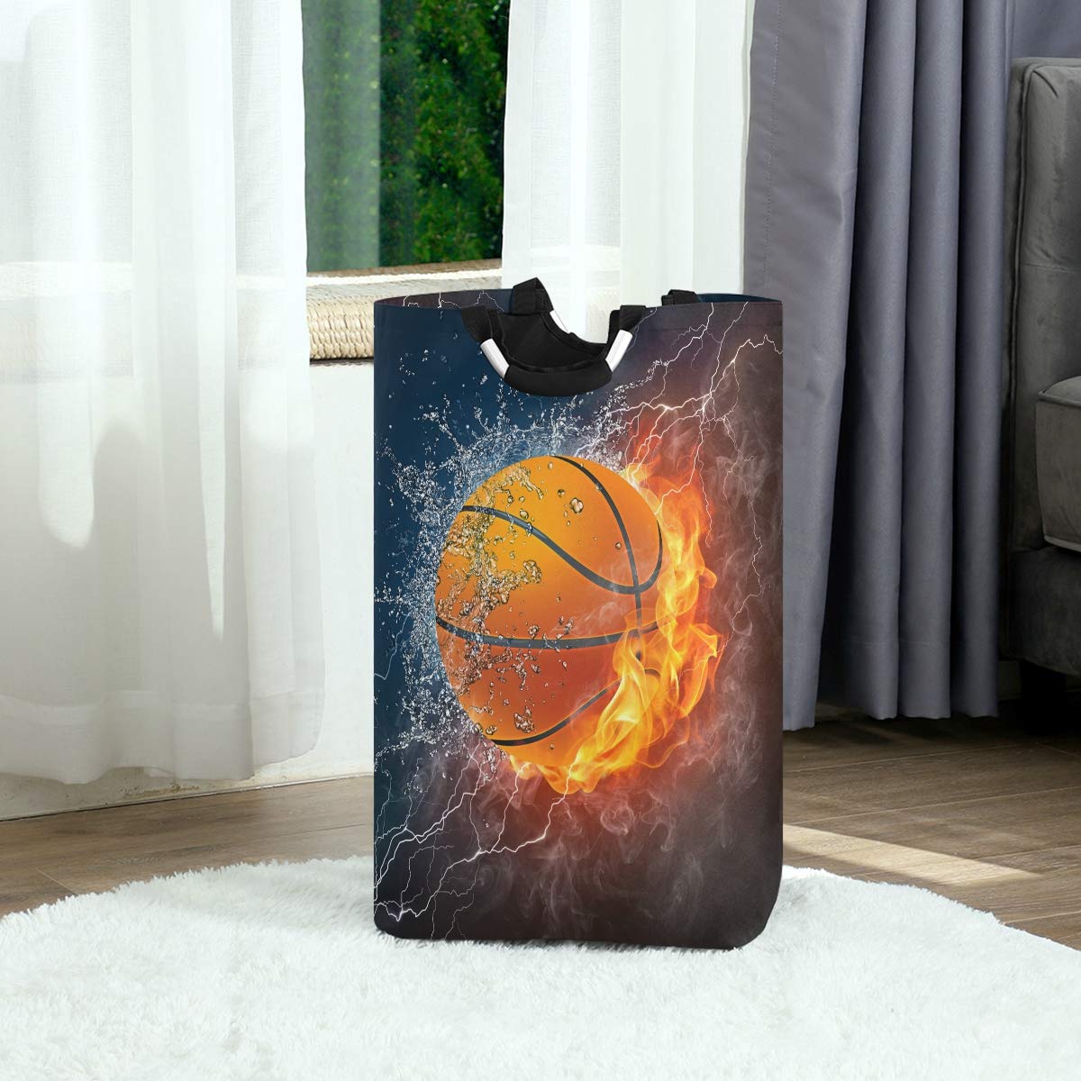 Blueangle 22.7’’ Basketball Design Waterproof Foldable Laundry Hamper - Durable Clothes & Toy Storage Organizer with Fire & Water Pattern - Perfect for Bedroom, Dorm, Kids Room & Sports Locker Organization