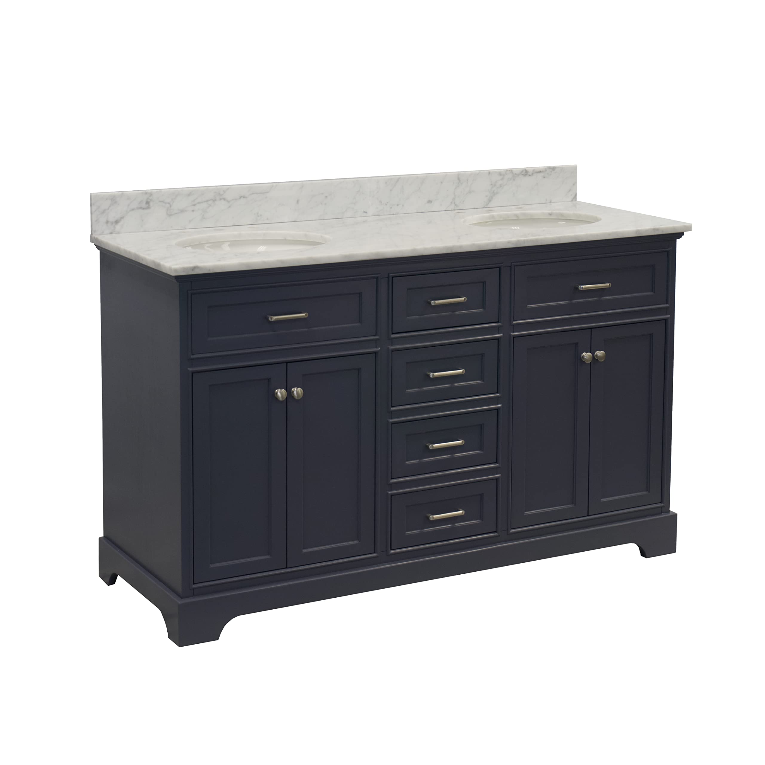 Aria 60-inch Double Bathroom Vanity with Carrara Marble Top & Gray Cabinet - White Ceramic Sinks | Modern Bathroom Storage for Master & Guest Bathrooms | Durable Italian Marble Countertop & Spacious Design