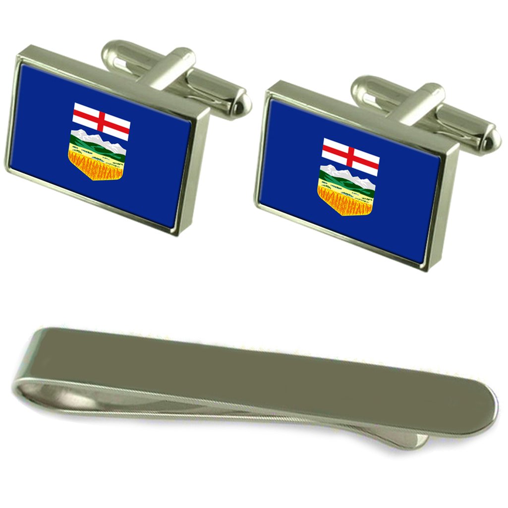 Alberta Flag Silver Cufflinks & Tie Clip Set - Premium Men's Formal Accessories Gift Box for Business, Weddings & Special Occasions
