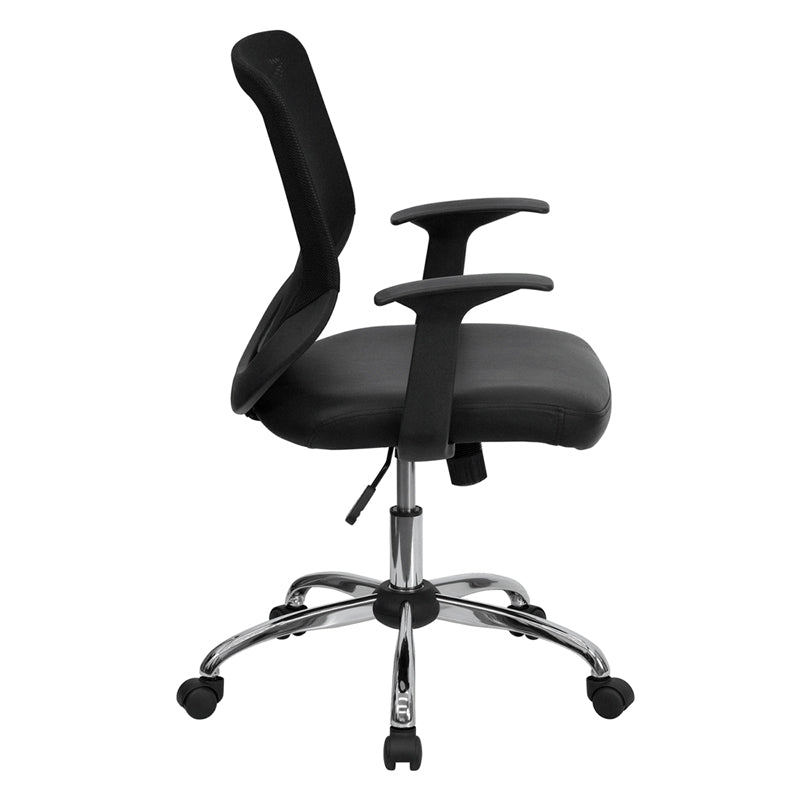 Ergonomic Mid Back Black Mesh Office Chair with Swivel Tilt & T-Arms - Breathable Mesh Back, Leather Seat & Chrome Base for Home Office, Gaming & Workspace Comfort