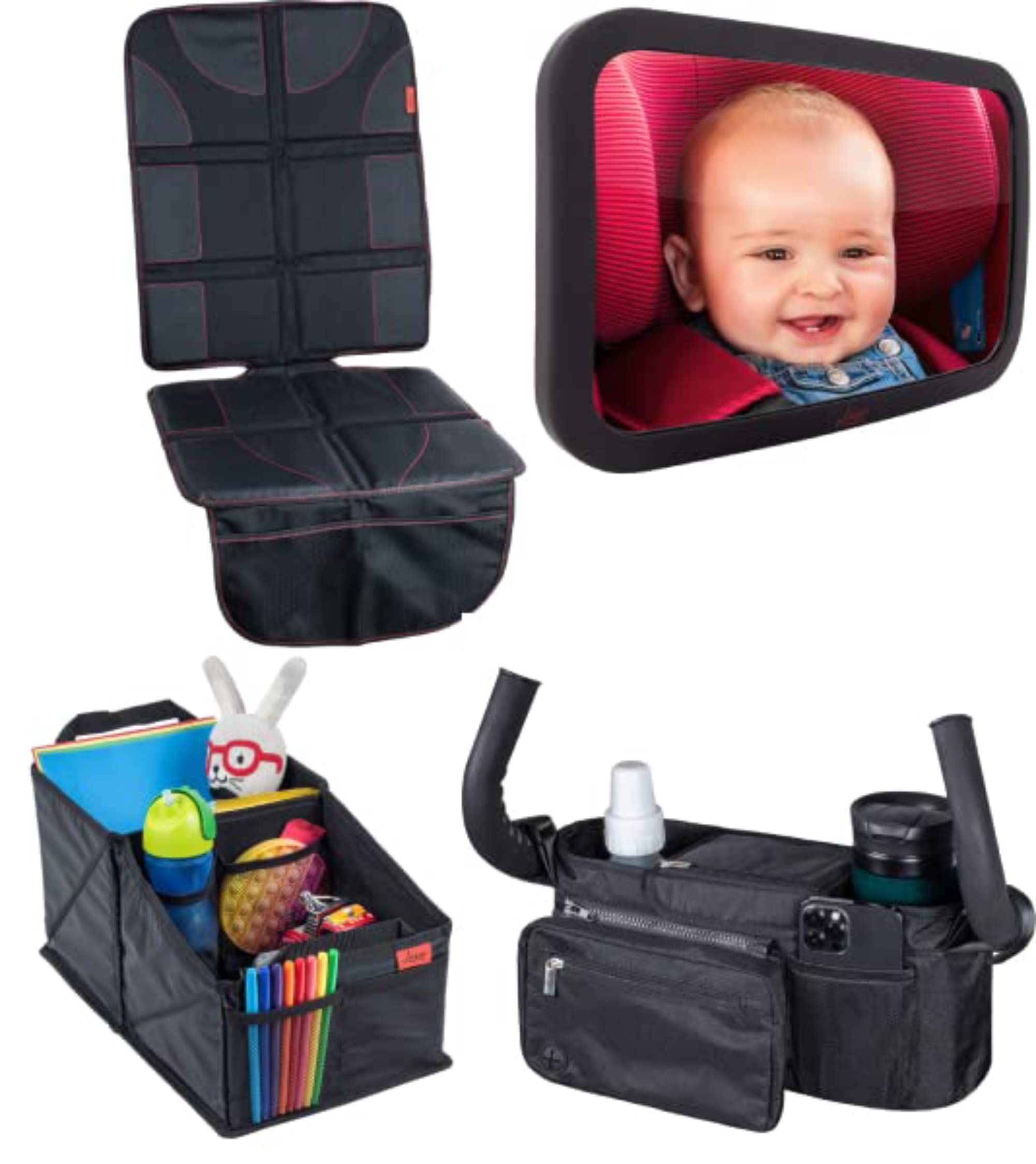 Lusso Gear Baby on Board Bundle - Black/Red Car Seat Protector, Baby Mirror, Car Seat Organizer & Stroller Organizer Set for Newborns & Toddlers - Perfect for Travel, Road Trips & Daily Commutes
