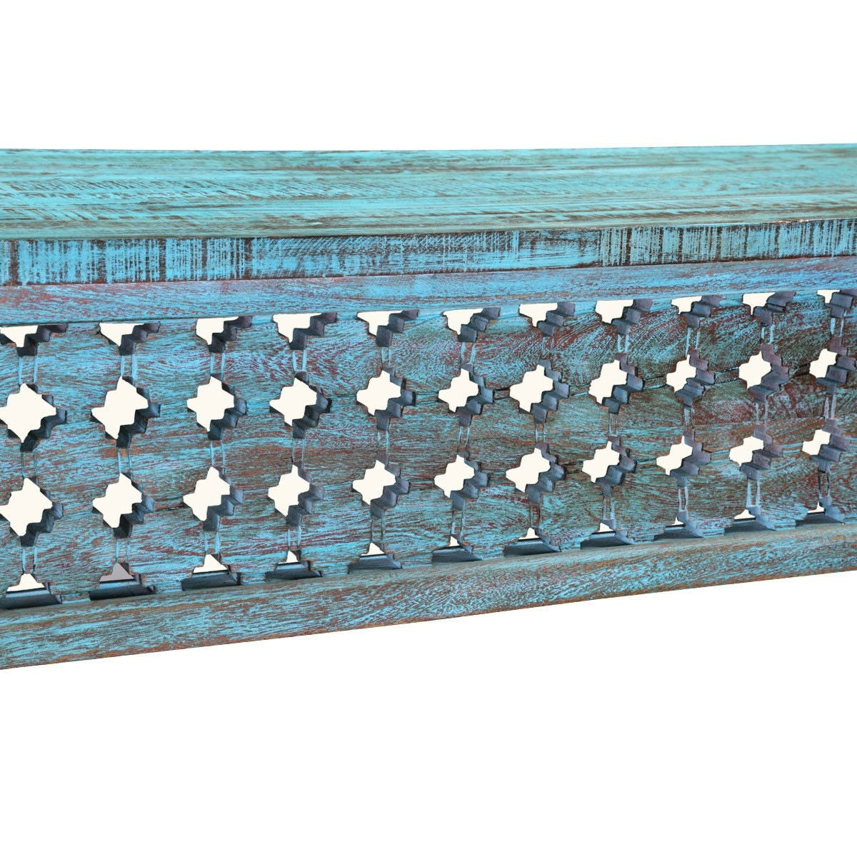 Hand Carved Solid Wood Hall Side Table - Rustic Blue Finish - Entryway, Living Room & Bedroom Accent Furniture