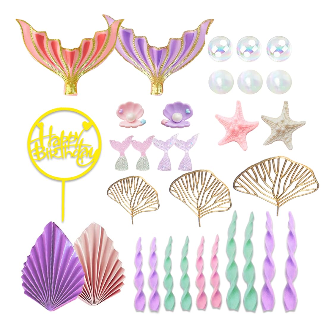 Mermaid Cake Topper Set - Large Mermaid Tails, Seaweed, Bubbles, Shells & Golden Ginkgo Leaves for Under the Sea Birthday Cake Decorations | Perfect for Mermaid Themed Parties, Baby Showers & Ocean Inspired Celebrations