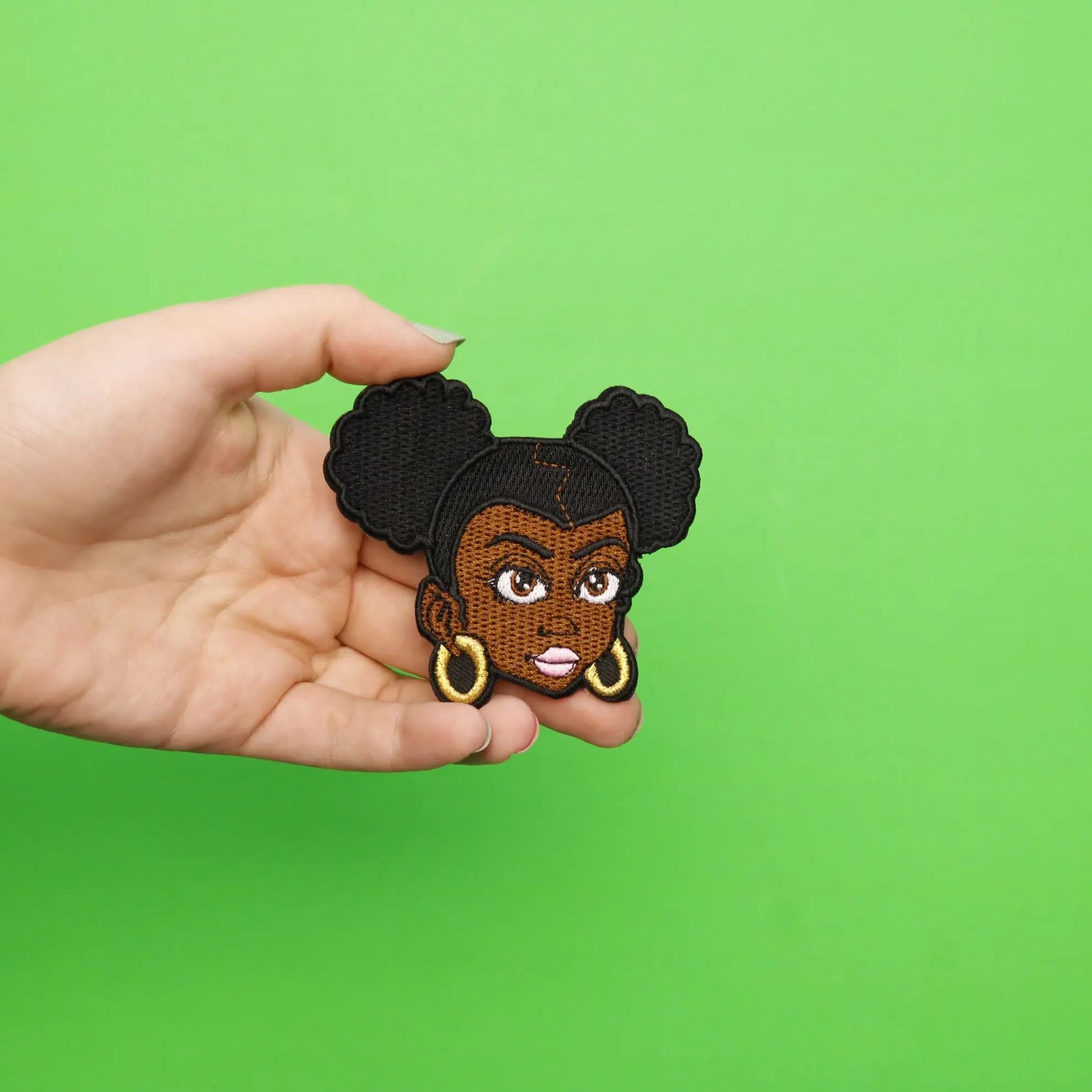 Afro Puff Girl Iron On Patch - Embroidered Hair Style Face Applique for DIY Clothing & Accessories | Perfect for Jackets, Jeans, Bags & Hat Decorations