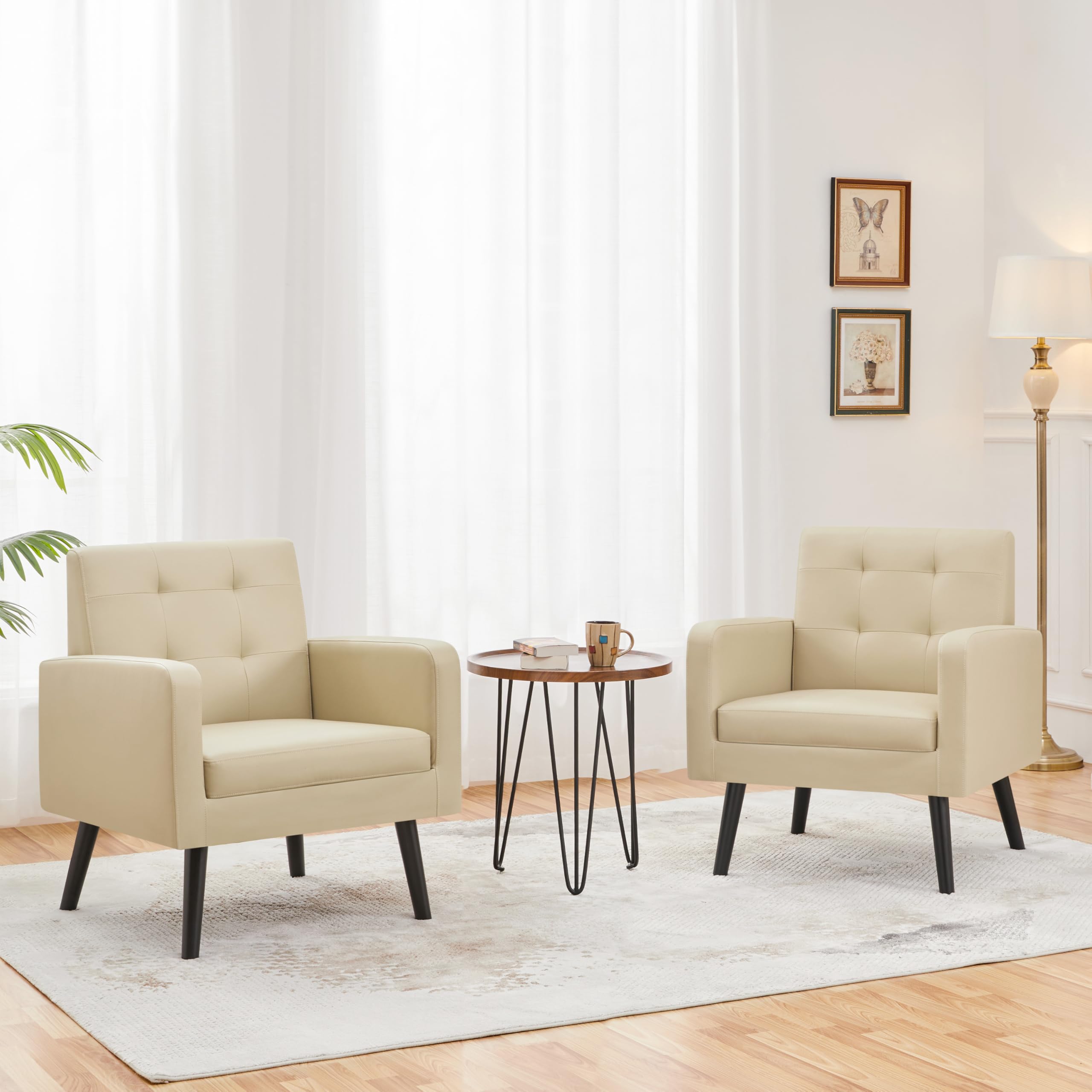 Yaheetech Mid-Century Modern Accent Chairs Set of 2 - PU Leather Upholstered Living Room Armchairs with Button Tufted Back & Wooden Legs, Comfortable Lounge Chairs for Bedroom, Office, Cafe or Reading Nook in Beige