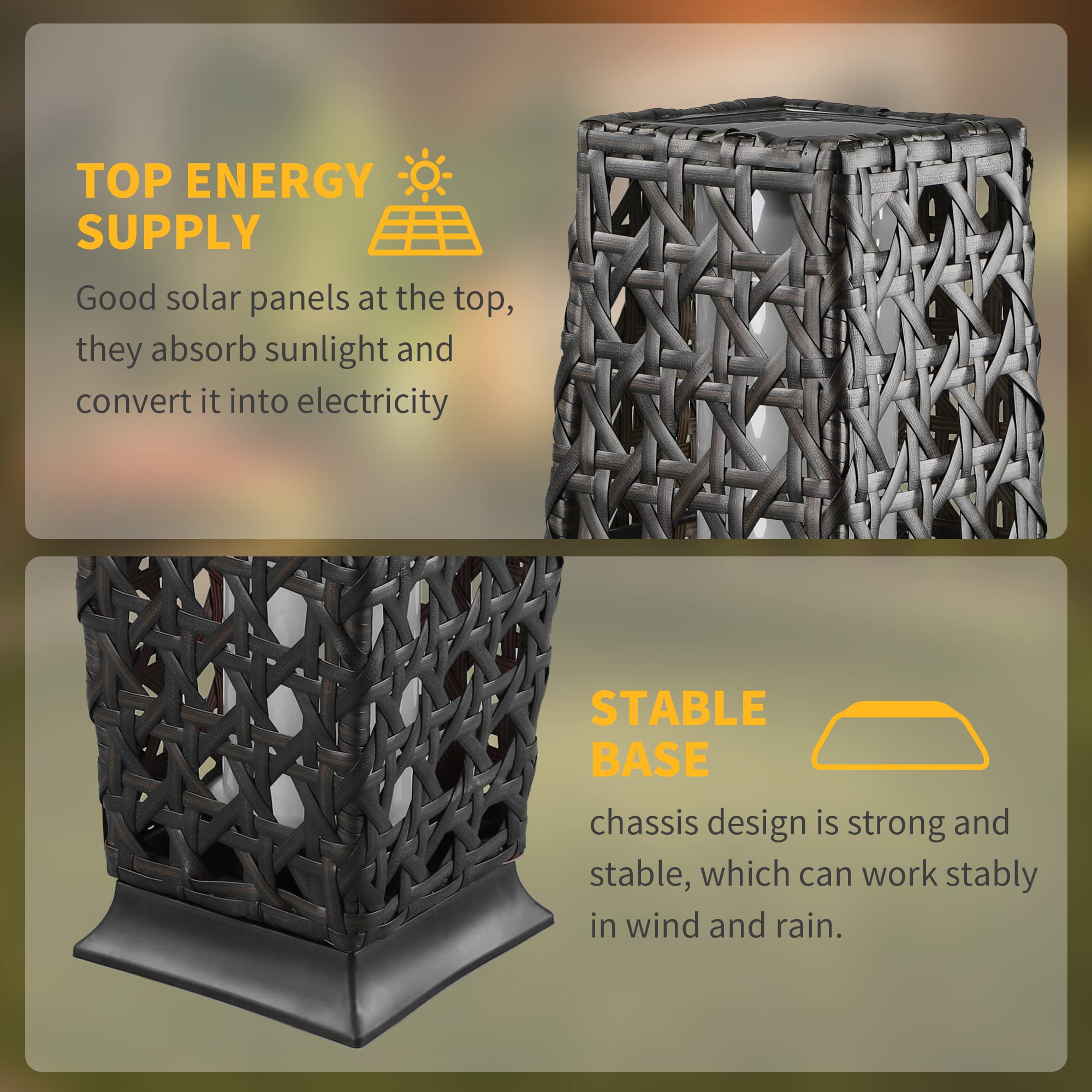 Solar Powered Outdoor Floor Lamps - 2 Pack Waterproof Solar Lanterns with Resin Wicker Design, Weather-Resistant Rattan Deck Lights for Patio, Lawn, Porch, Garden - Perfect for Evening Gatherings & Landscape Lighting