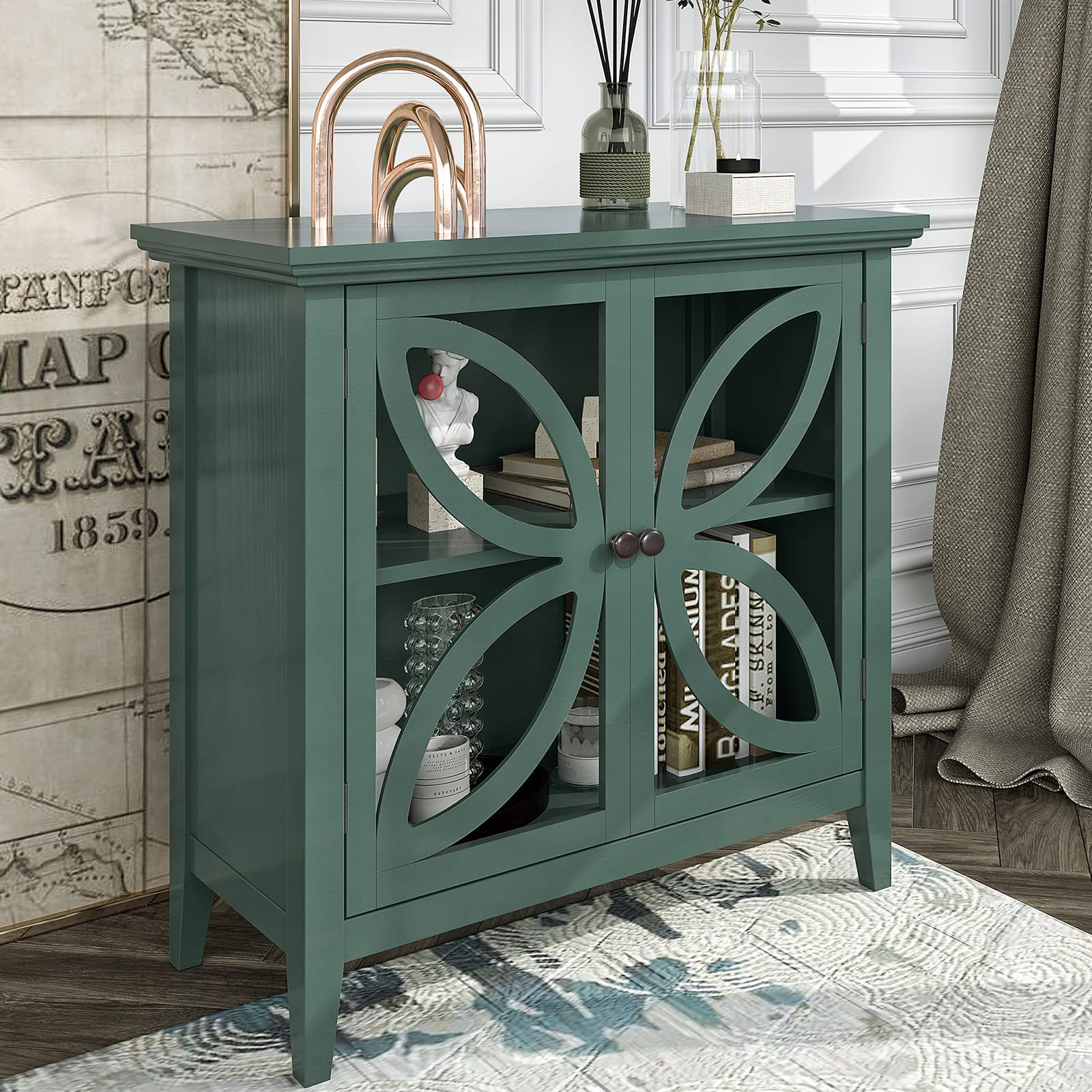 Vintage Navy Green Wooden Accent Storage Cabinet with Decorative Transparent Door - Modern Sideboard Console Table for Entryway, Living Room & Bedroom - Easy Assembly Home Decor for Small Spaces, Apartment & Farmhouse Style