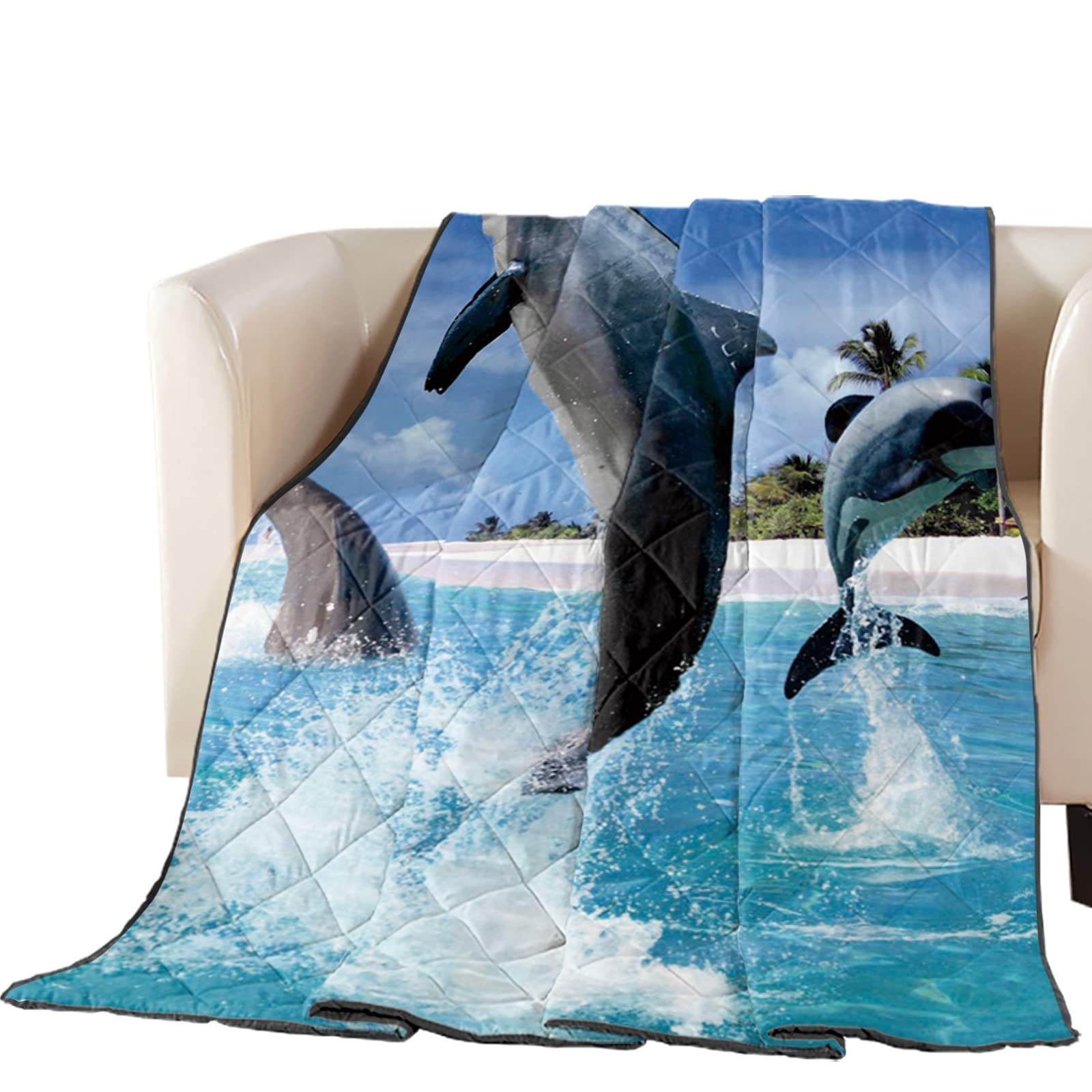 3D Dolphins Jump Out of Water King Size Quilt - All Seasons Breathable Quilted Blanket, Soft Bed Coverlet & Comforter Duvet for Kids Room Decor - Perfect for Boys/Girls Bedrooms, Dorm Rooms & Cozy Home Decor