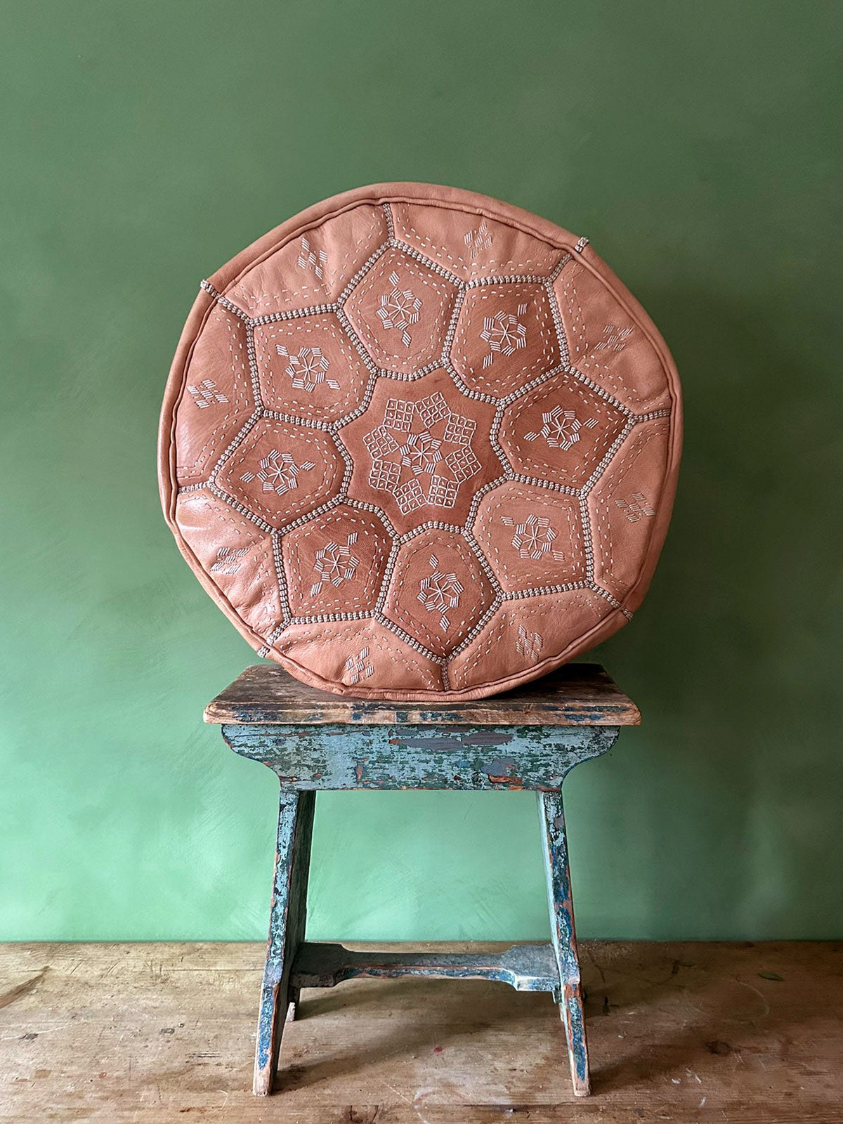 Handmade Moroccan Leather Tile Pouffe - Natural Brown Leather Ottoman Footstool for Living Room, Bedroom & Boho Decor