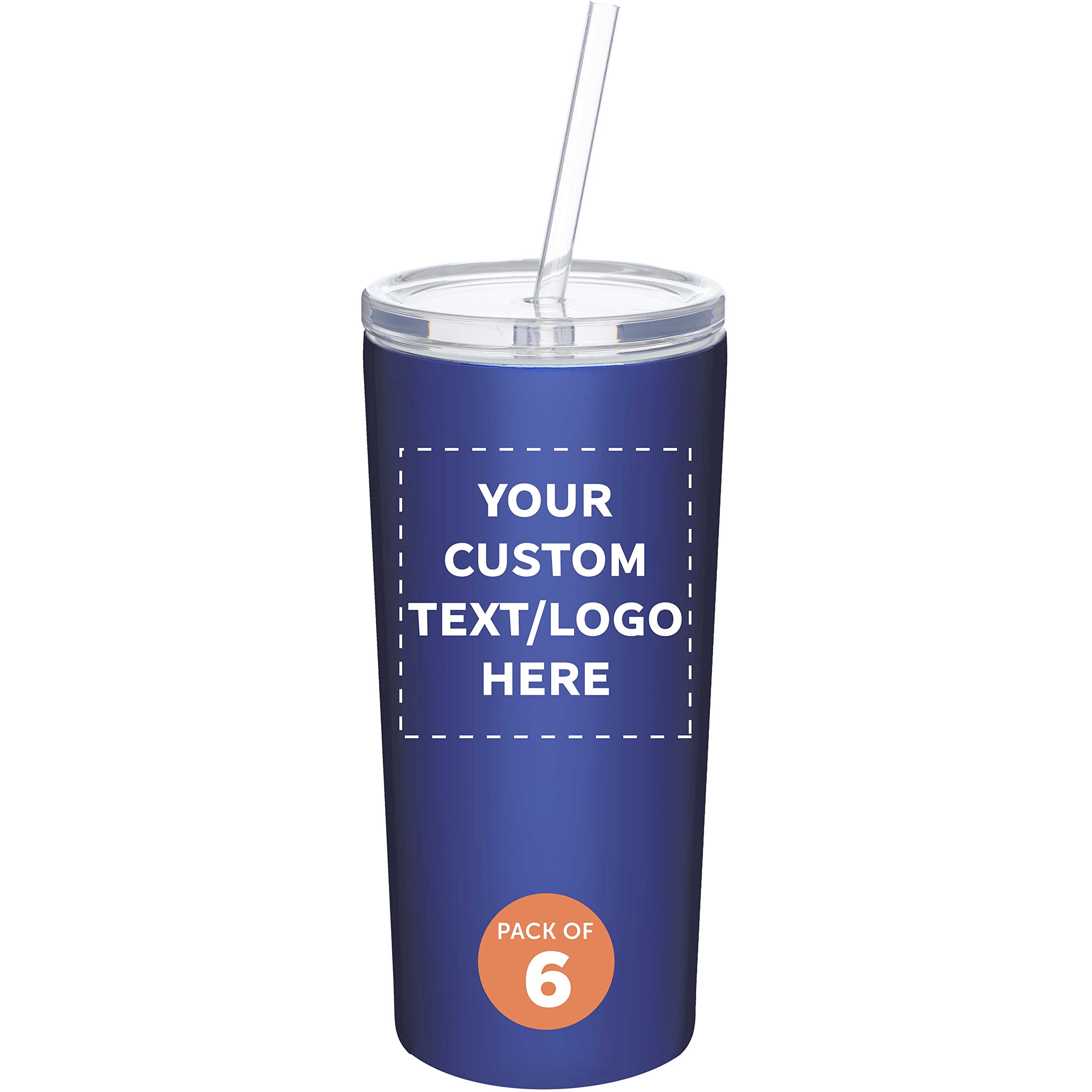 6 Pack 16oz Stainless Steel Tumblers with Straws - Double Wall Insulated, Leak-Proof Tritan Lid - Custom Engraved Text/Logo - Perfect for Office, Gym & Outdoor Activities - Blue