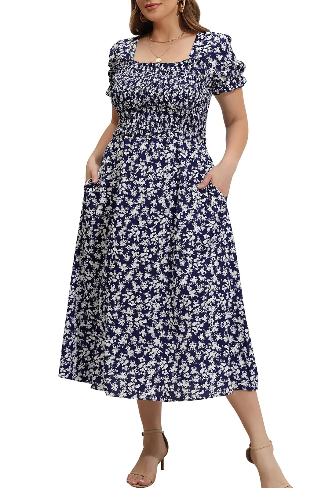 2025 Women's Plus Size Summer Casual Dress - Smocked Midi Floral Dress with Puff Sleeves & Pockets | Calf Length Comfort for Beach, Vacation & Everyday Wear