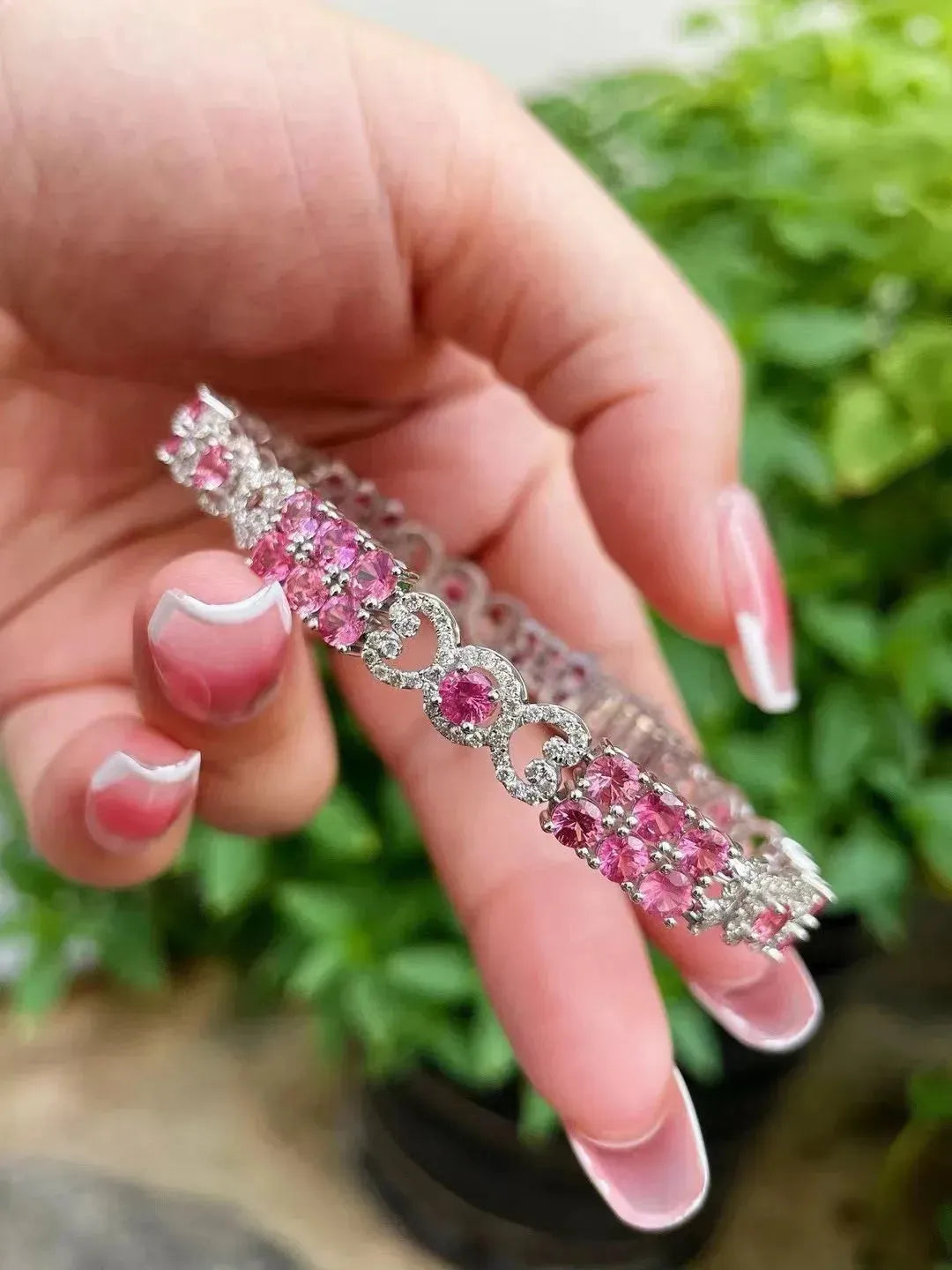 18K White Gold Natural Pink Spinel Bracelet with Diamonds - Classic Luxury Genuine Fine Jewelry for Women | Perfect for Weddings, Parties & Special Occasions | Free Shipping