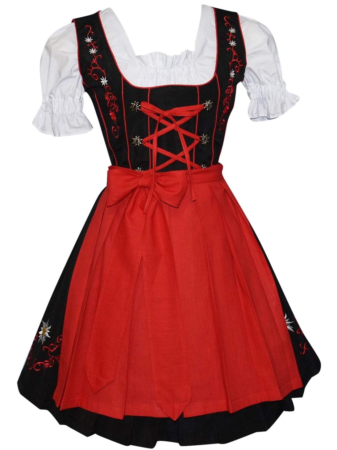 Authentic German Oktoberfest Dirndl Dress - 3 Piece Traditional Bavarian Costume in Black & Red | Women's Beer Festival Outfit for Oktoberfest, Halloween & Themed Parties