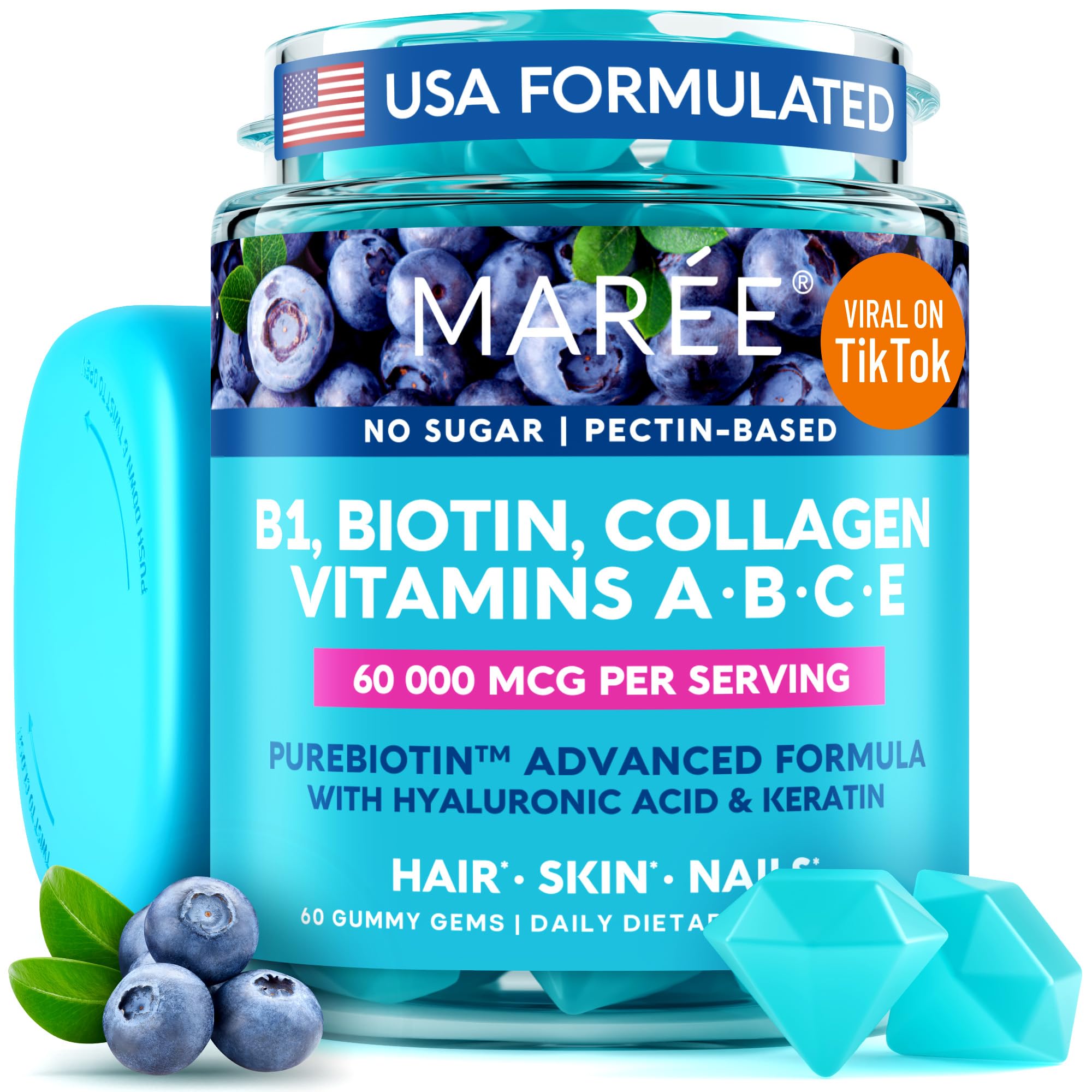 MAREE Vitamin B1 Thiamine & B7 Biotin Gummies - Hair Skin Nails Supplement with Keratin, Collagen, Hyaluronic Acid & Pantothenic Acid - Supports Healthy Hair Growth, Strong Nails & Glowing Skin - Perfect for Daily Beauty Routine & Wellness Support