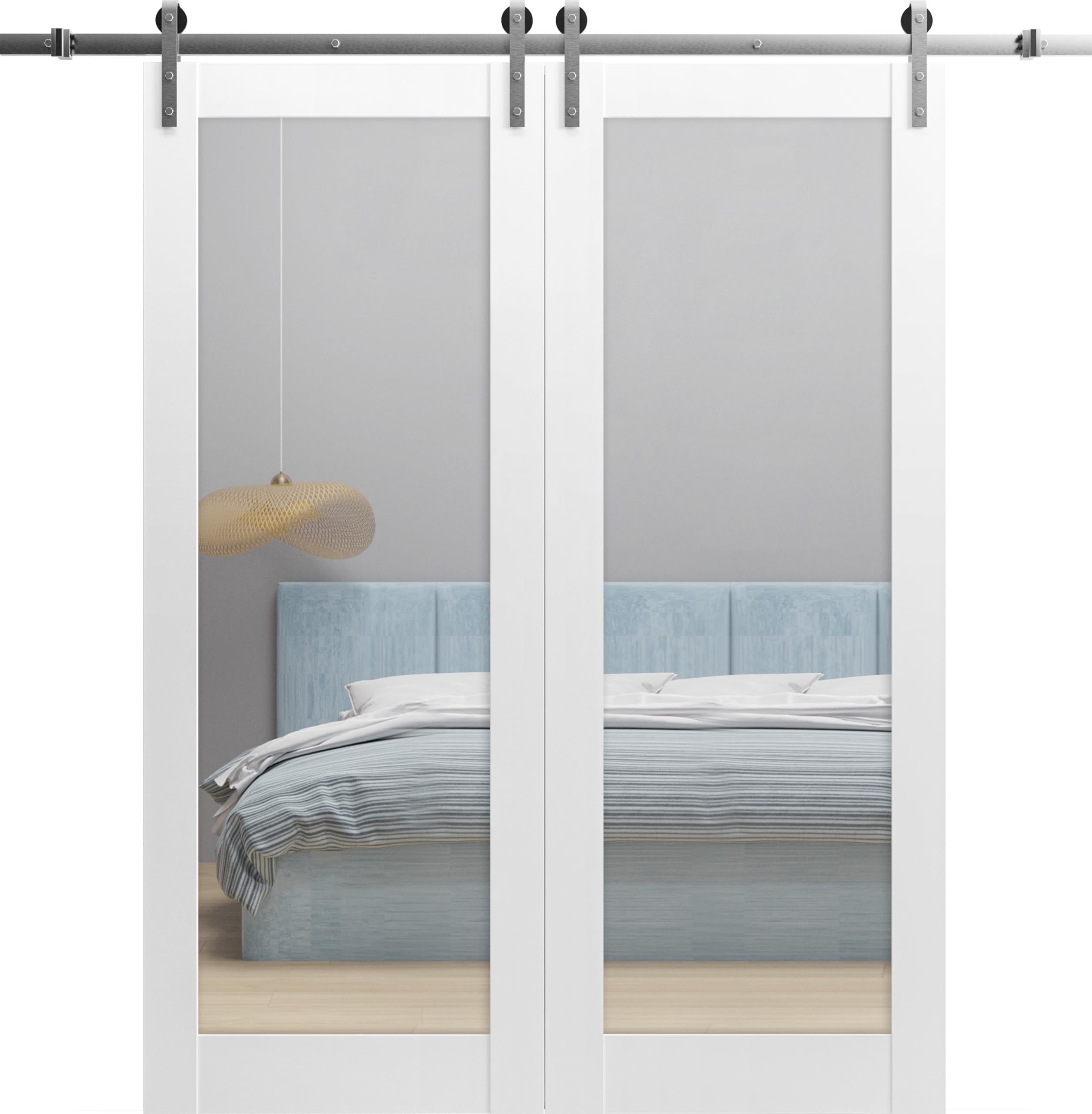 36 x 80 Inch Solid Wood Double Barn Door with Clear Glass Panels - Lucia 2166 White Silk Finish & 13FT Stainless Steel Rail Hangers | Rustic Farmhouse Style Interior Sliding Door for Bedroom, Closet, or Living Room