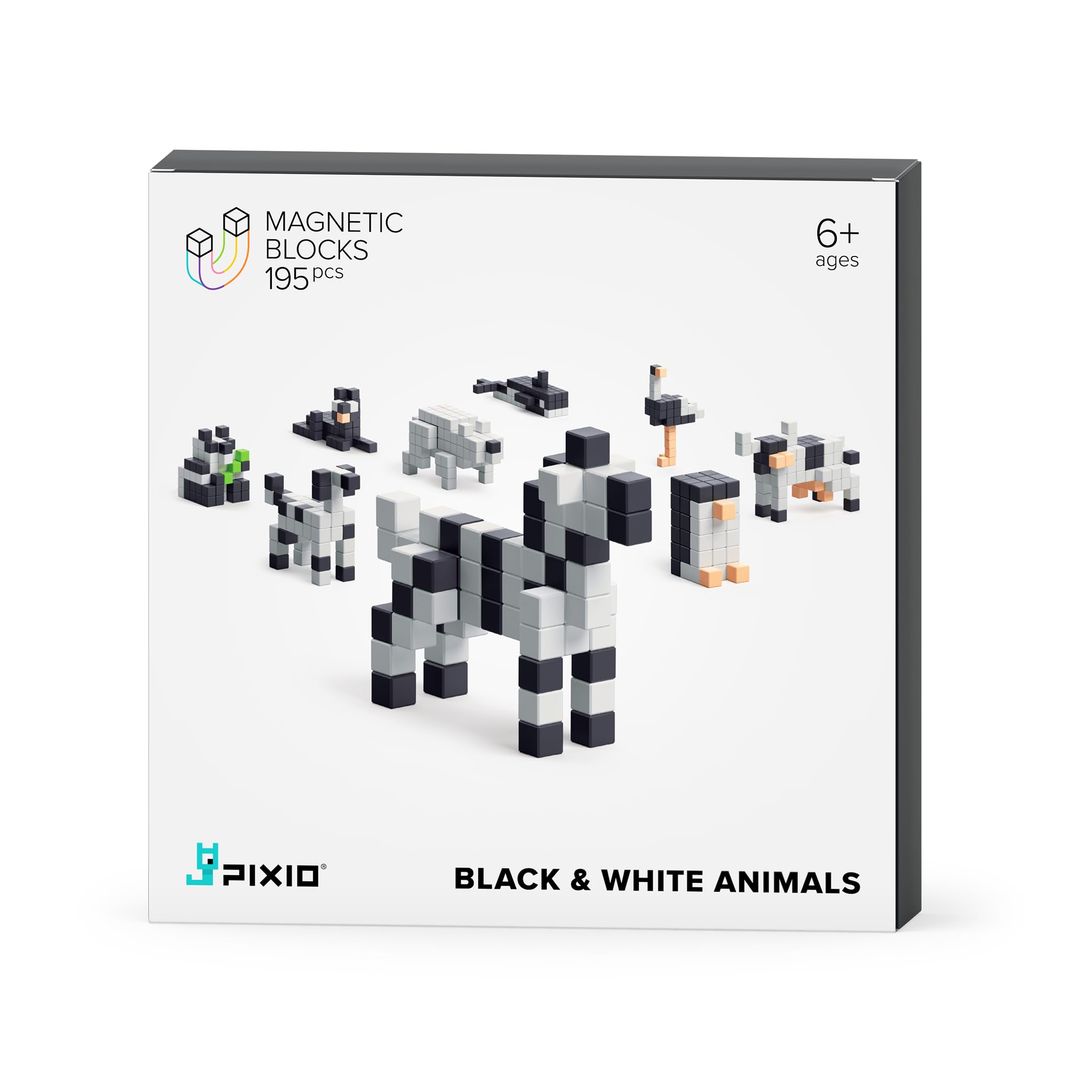 PIXIO Magnetic Building Cubes Set - 195pcs Black & White Animal Pixel Art Blocks for Kids, STEM Learning Toys, Creative Arts & Crafts, Educational Building Blocks for Boys & Girls - Perfect for Classroom, Home Play & Gift Ideas