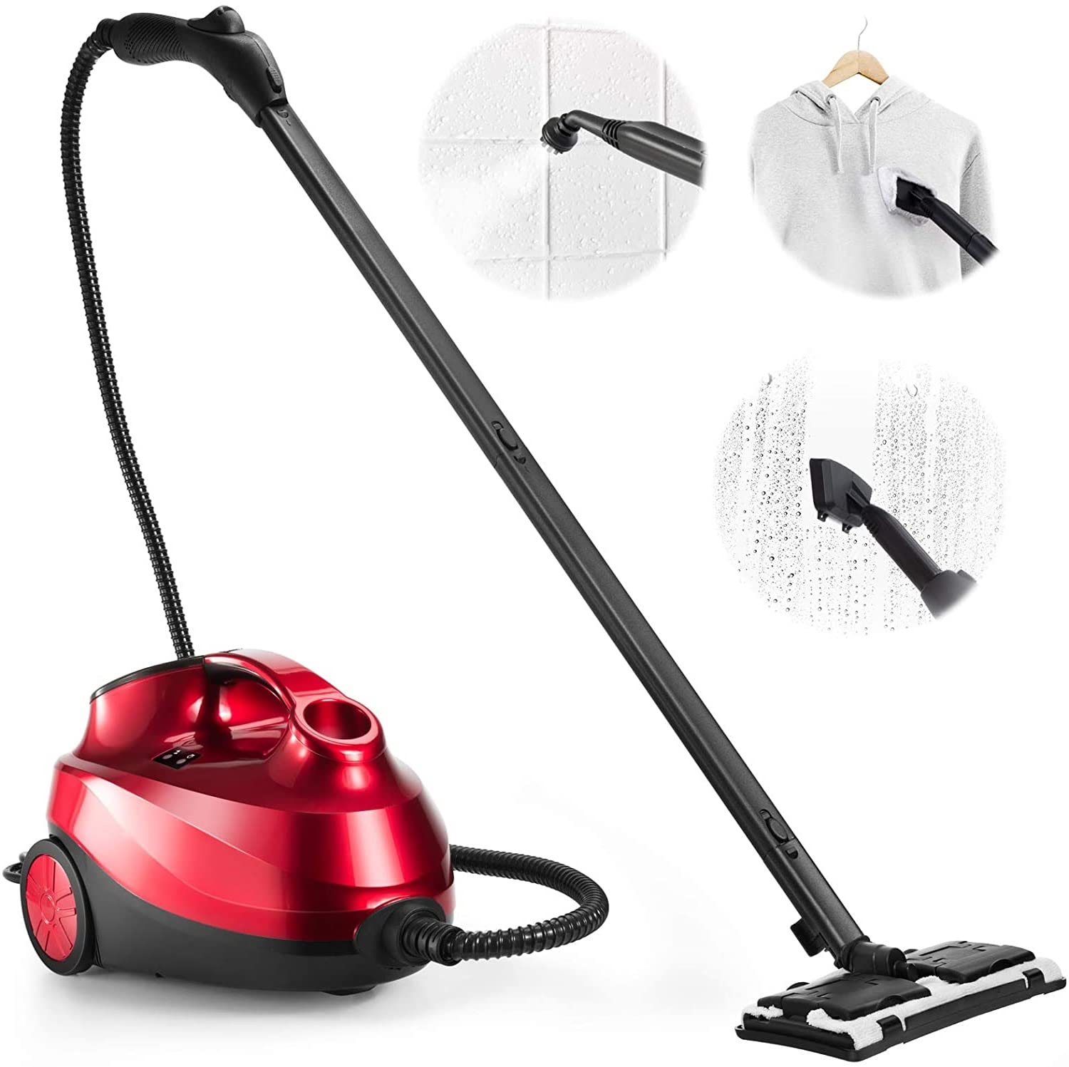 LDAILY 2000W Multi-Purpose Steam Cleaner with 19 Accessories - 1.5L Large Water Tank, Extra-Long Power Cord, Chemical-Free Pressurized Cleaning for Floors, Cars, Home & Commercial Use - Perfect for Deep Cleaning Kitchens, Bathrooms, Garages & Outdoor Equipment (Red)