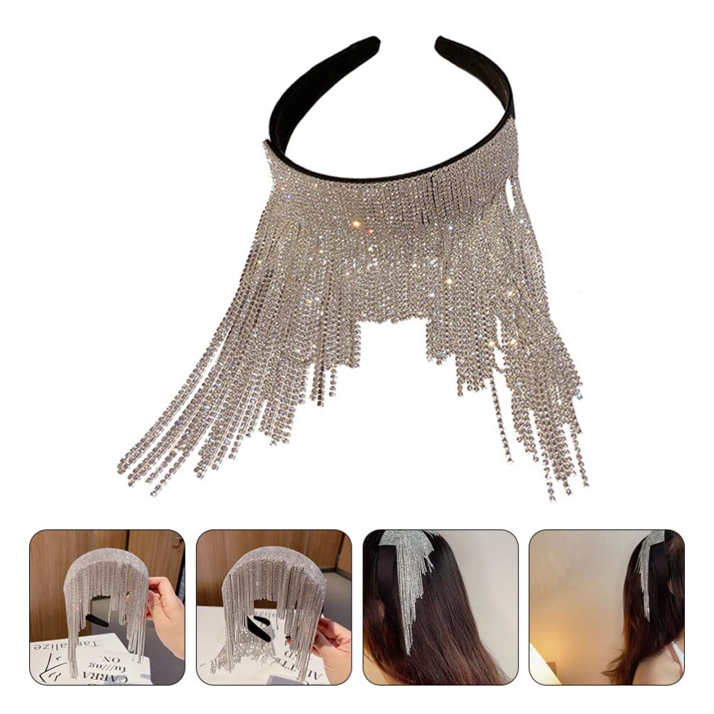 Lurrose Women's Rhinestone Tassel Headband - Sparkly Crystal Beaded Hair Accessories for Wedding, Party & Special Occasions - Silver Fashion Headwear for Women and Girls
