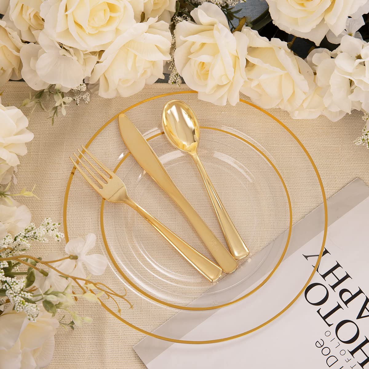 150-Piece Gold Plastic Dinnerware Set - 25 Dinner Plates, 25 Dessert Plates, 25 Cutlery & 25 Cups - Elegant Disposable Gold Party Plates for Weddings, Showers & Special Events - Perfect for Outdoor Gatherings, Birthday Parties & Holiday Celebrations